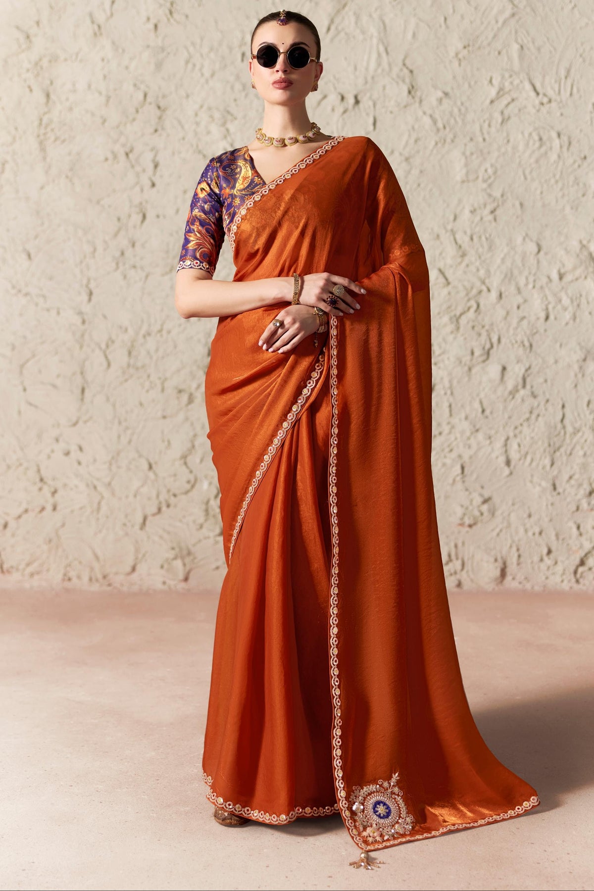 Regal Rust Embellished Tissue Silk Saree