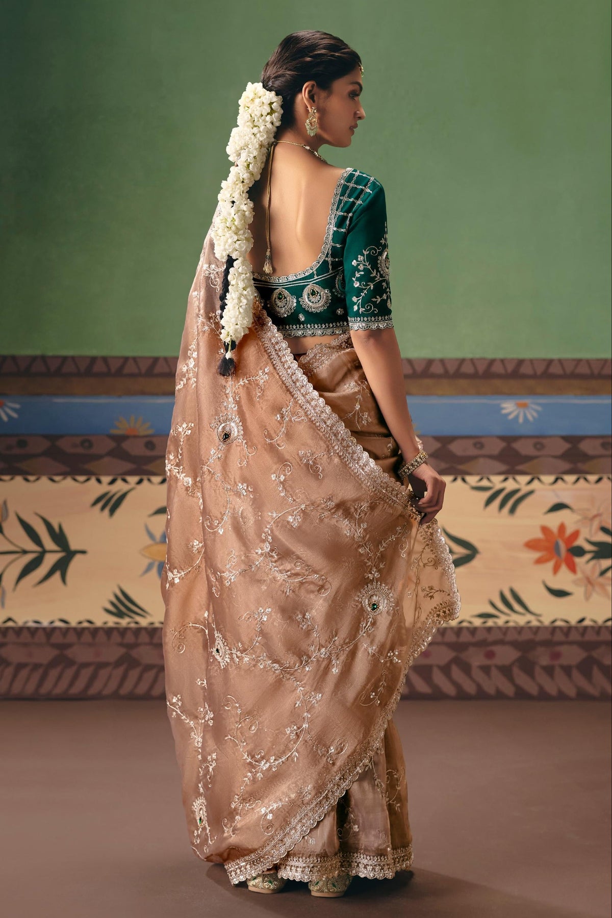 Champagne Teal Embellished Tissue Organza Silk Saree