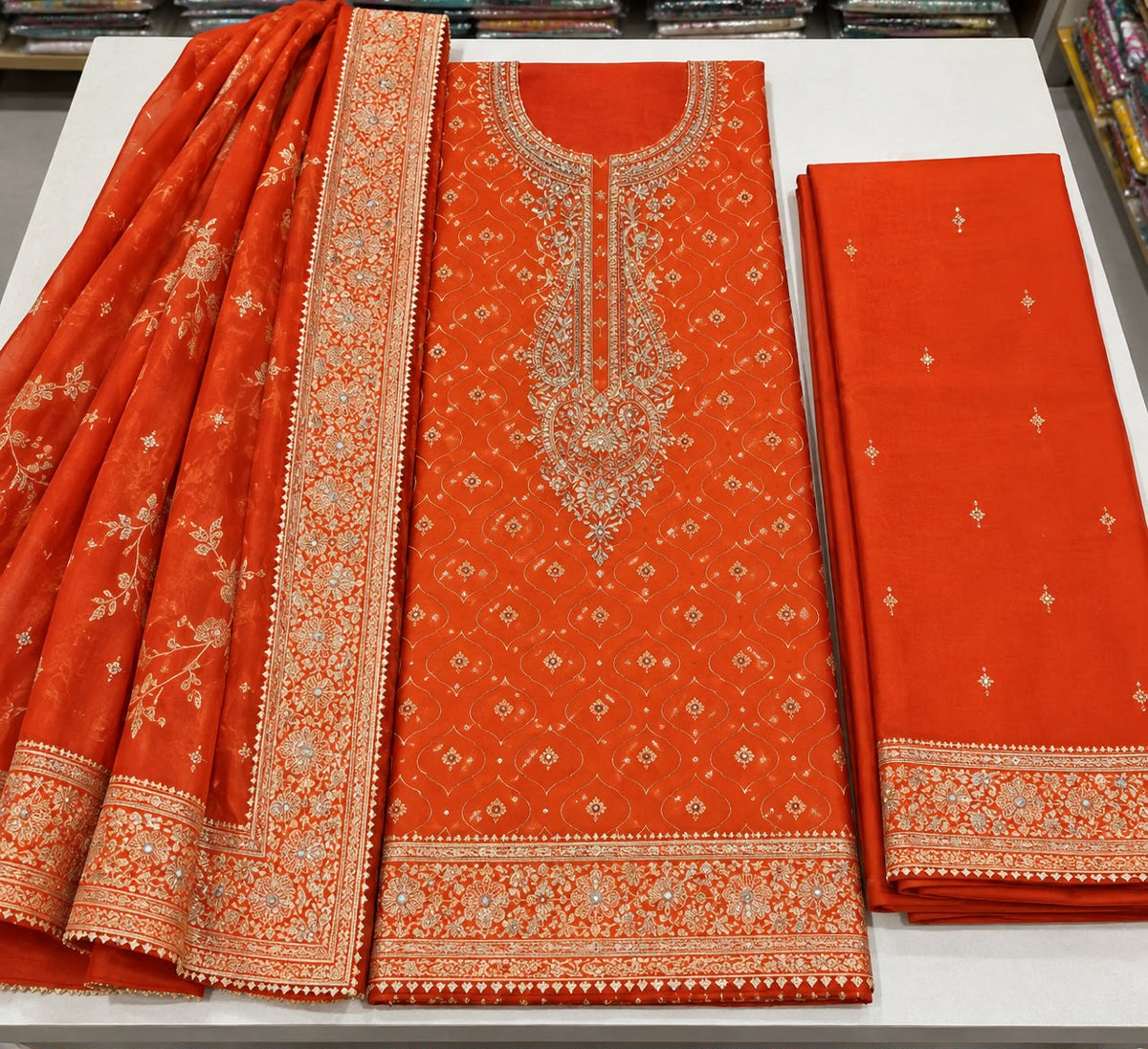 Bright Orange Embellished Viscose Silk Unstitched Suit Set