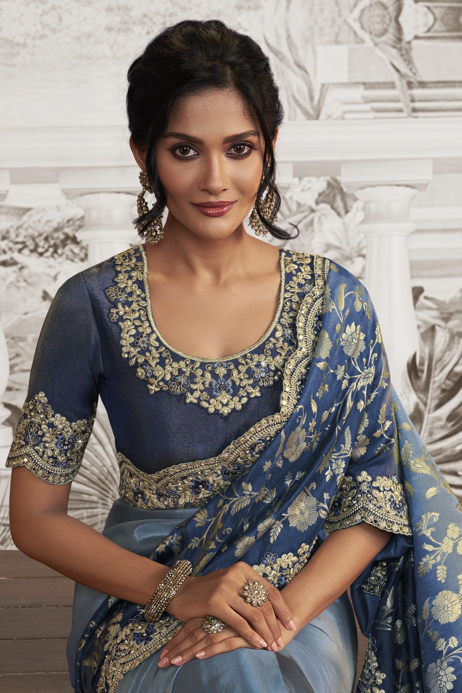 Blue Embroidered Silk Saree