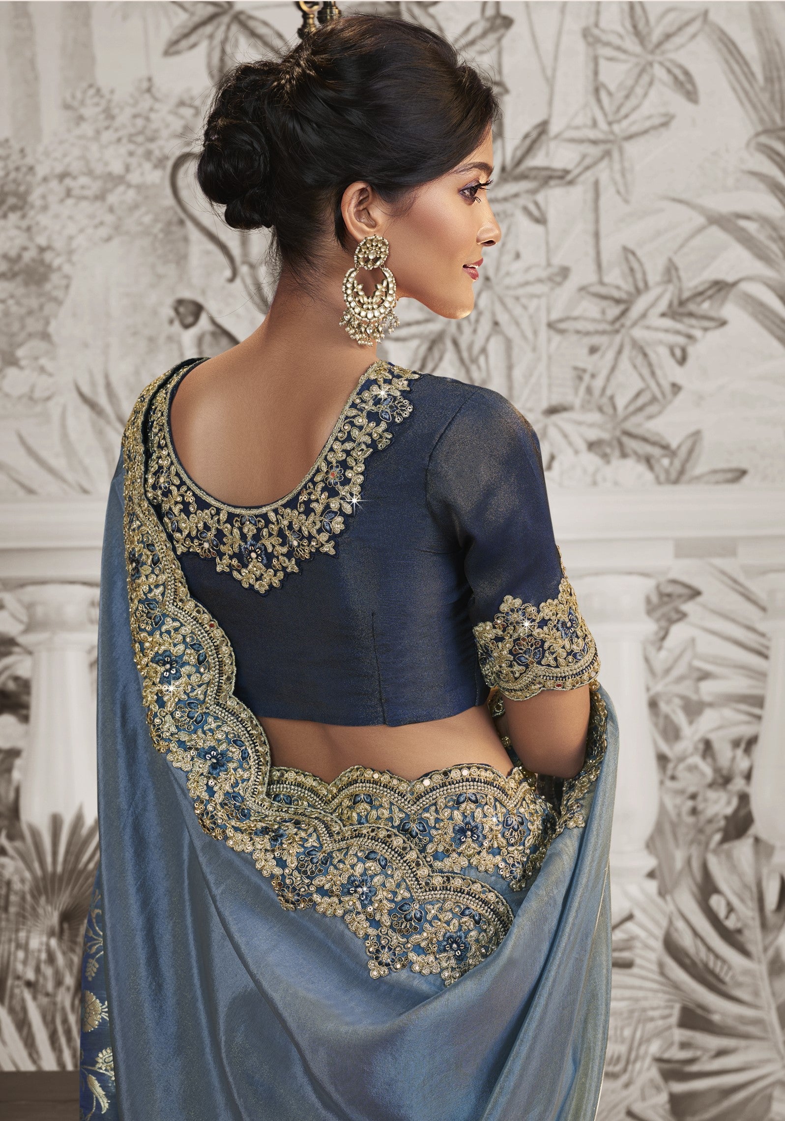 Blue Embroidered Silk Saree