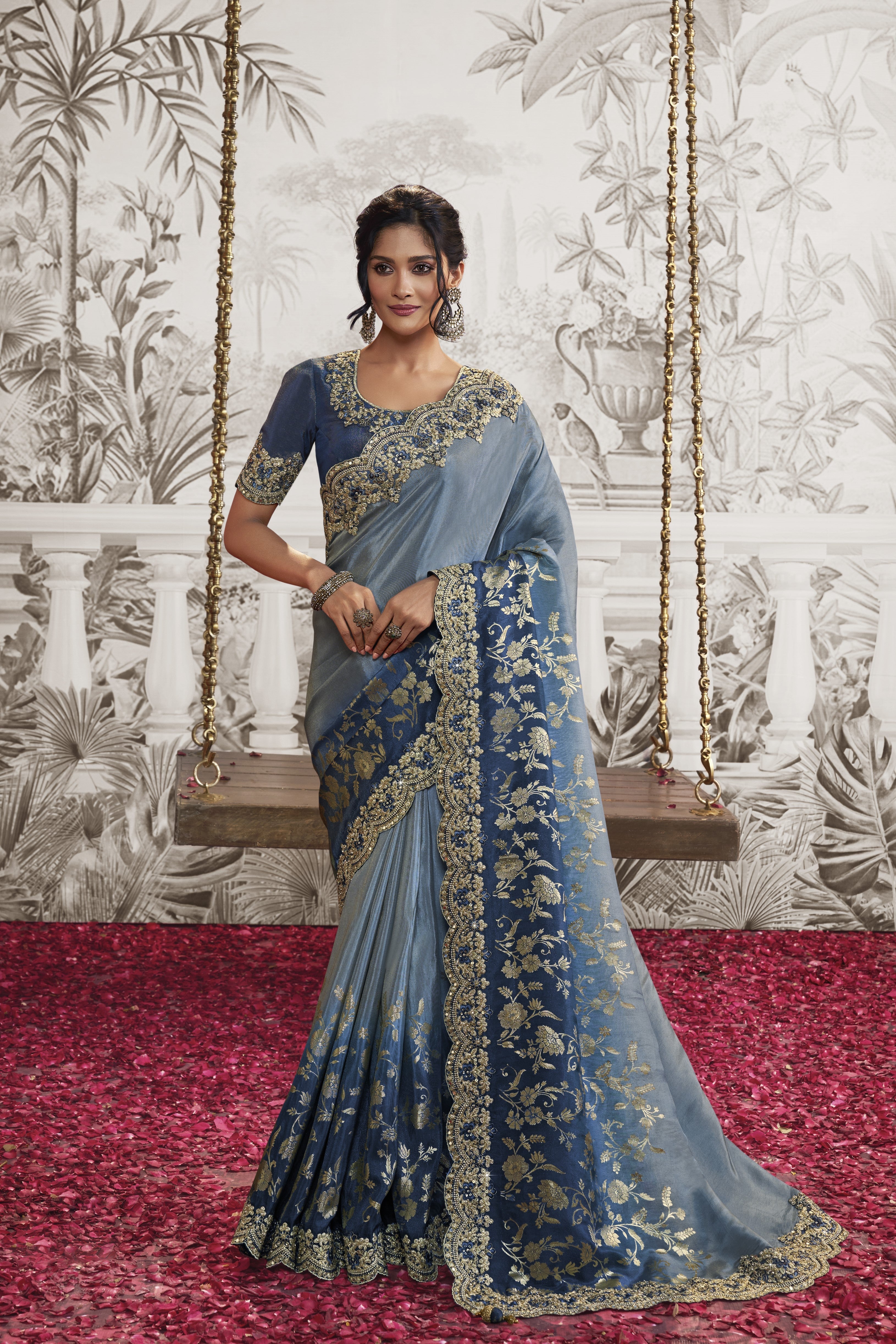 Blue Embroidered Silk Saree
