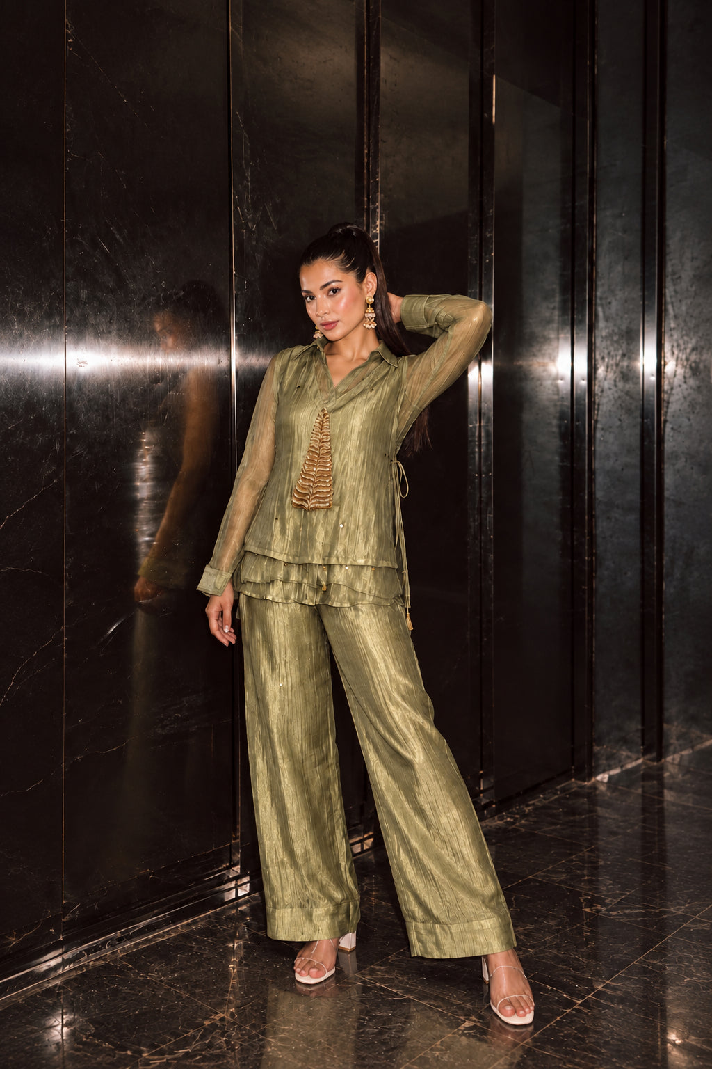 Light Green Embellished Shimmer Tissue Silk Co-Ord Set