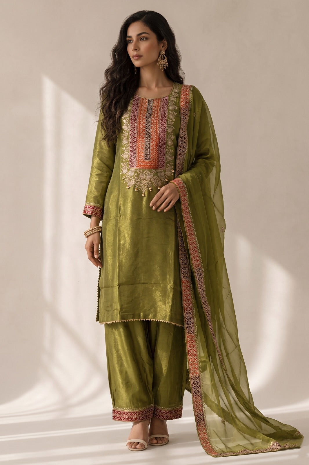 Fern Green Embellished Shimmer Tissue Silk Salwar Set