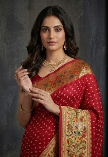 Royal Red Bandhej Printed Premium Silk Saree