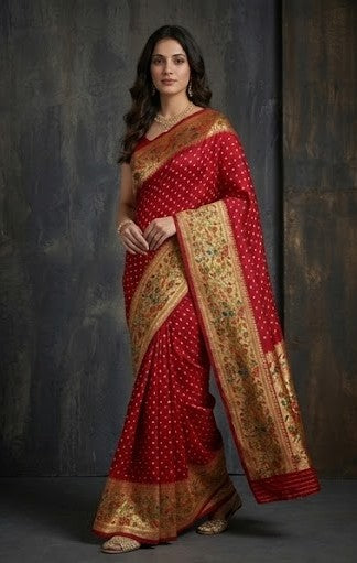 Royal Red Bandhej Printed Premium Silk Saree