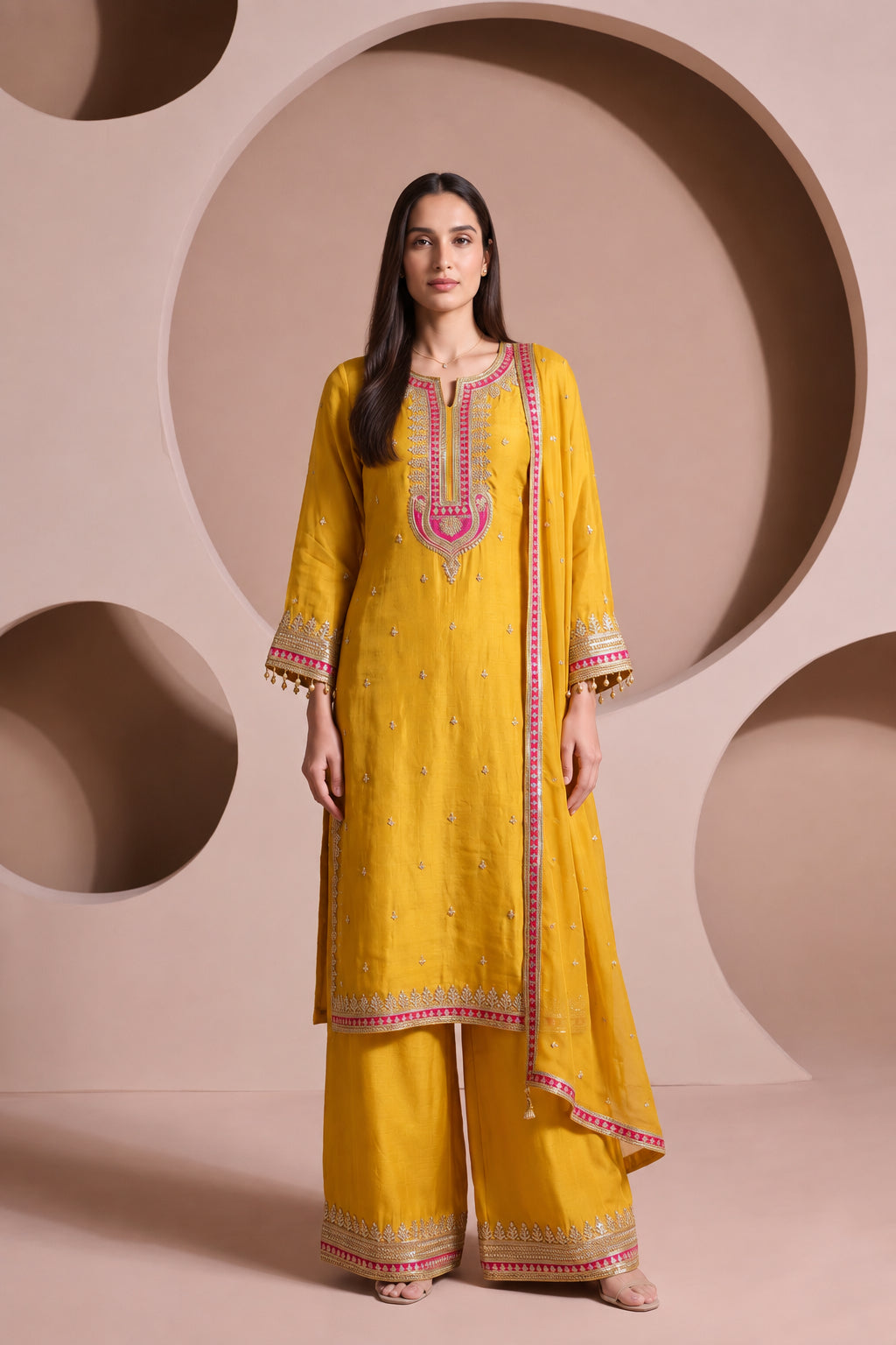 Yellow Canary Embellished Shimmer Silk Palazzo Set