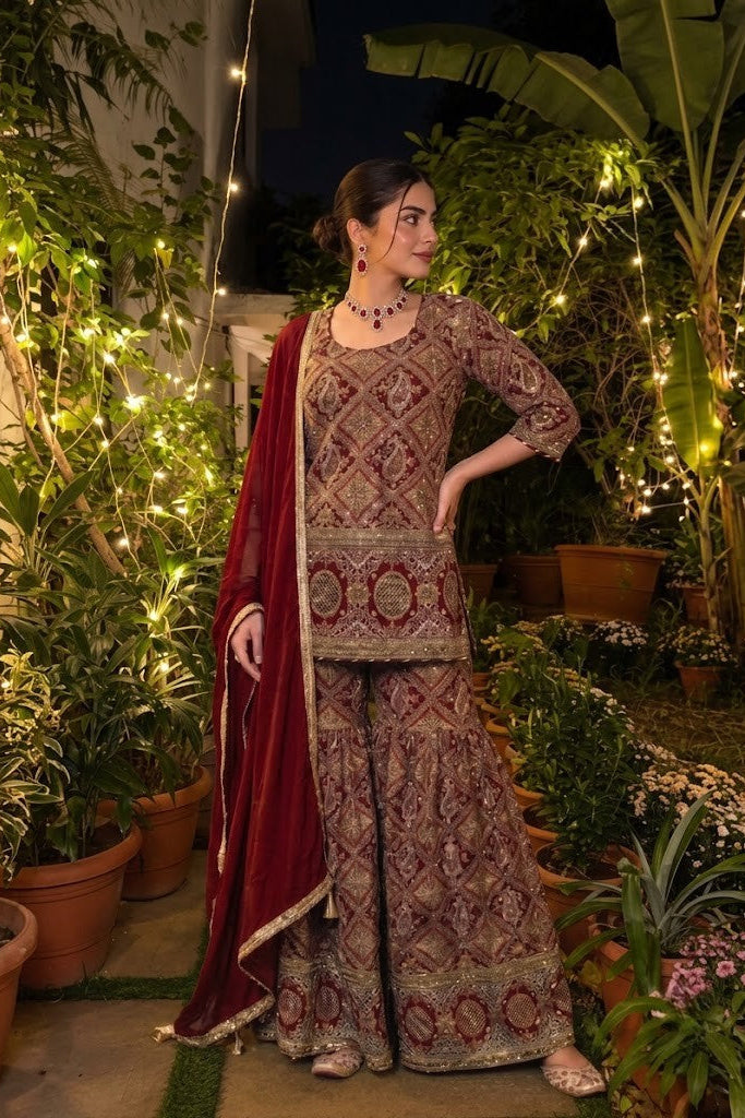 Royal Red Embellished Crepe Silk Sharara Set