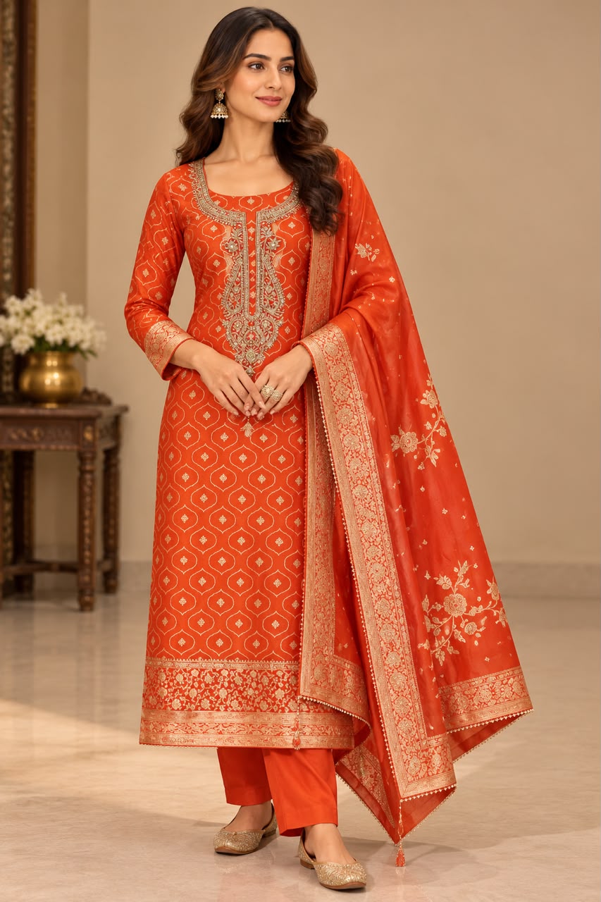 Bright Orange Embellished Viscose Silk Unstitched Suit Set