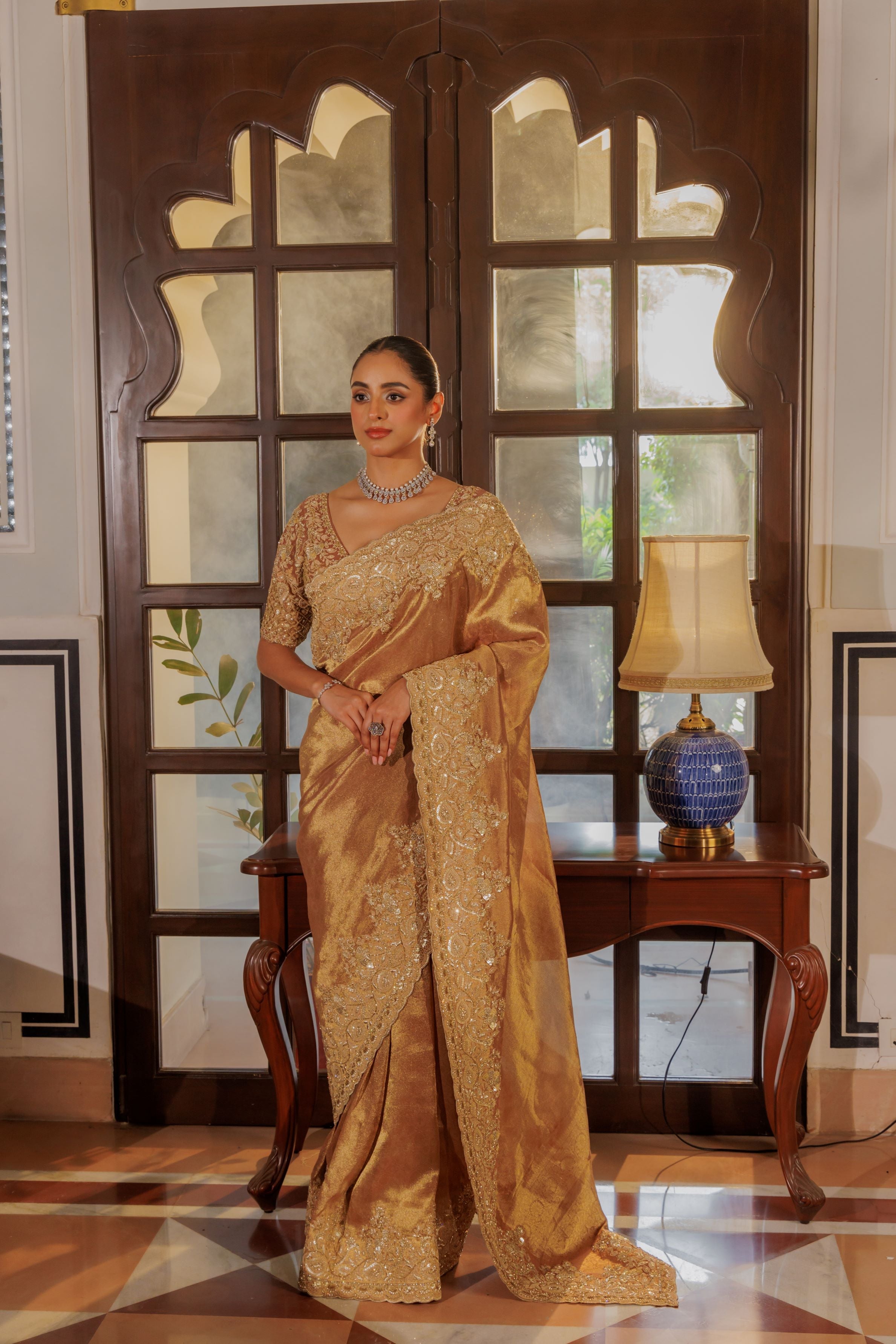 Antique Gold Embroidered Kanjivaram Silk Saree