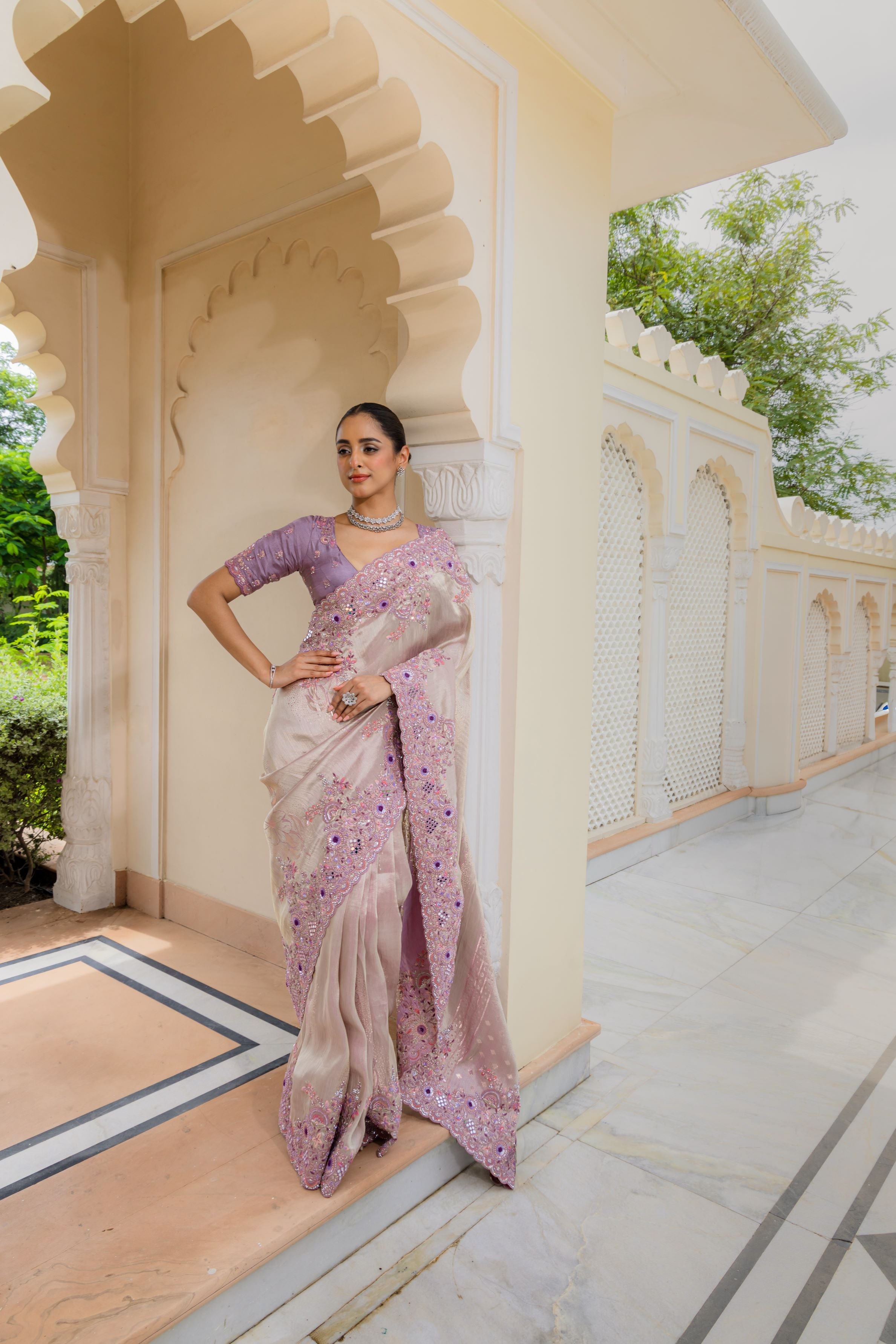 Light Mauve Embroidered Banarasi Silk Saree