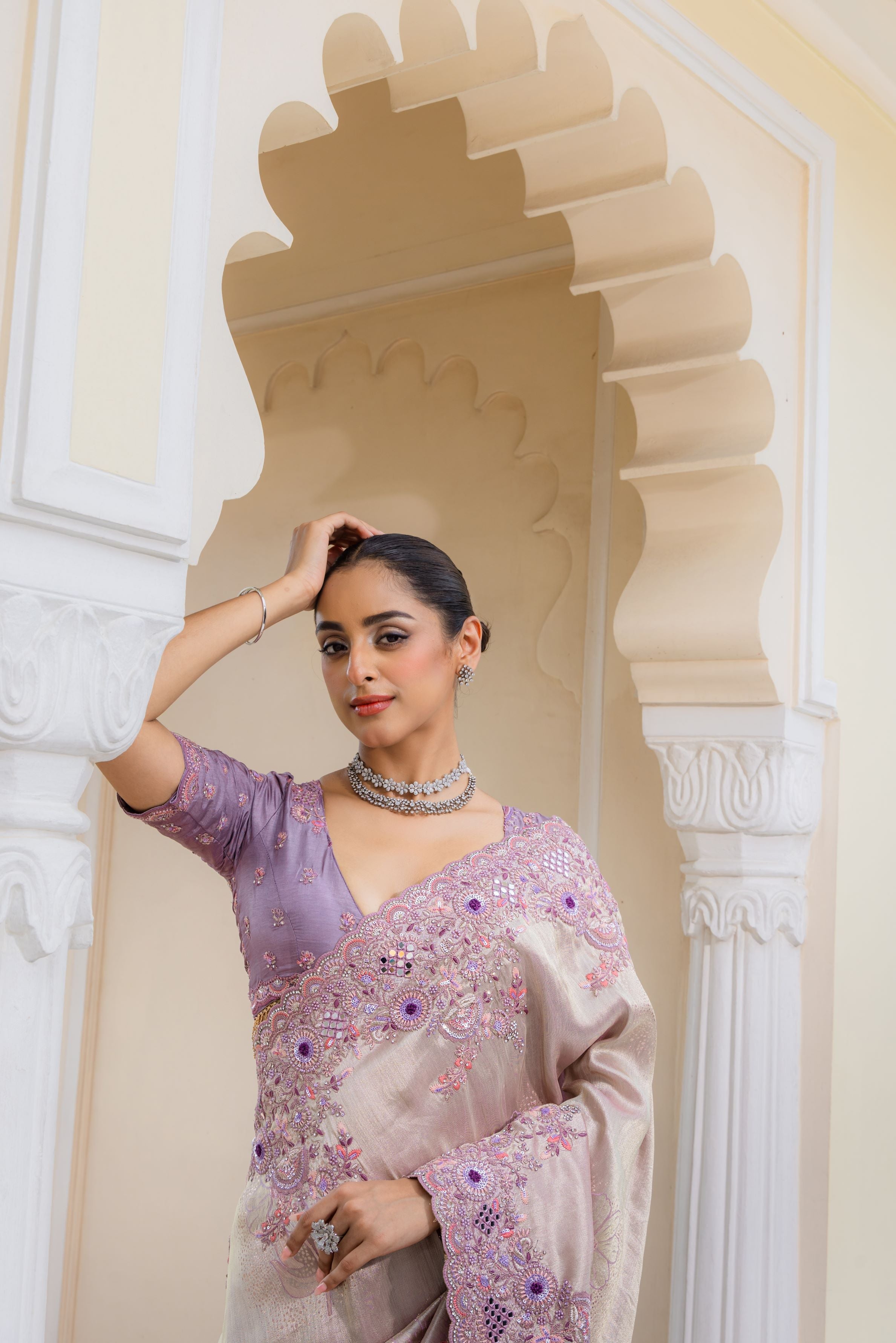 Light Mauve Embroidered Banarasi Silk Saree