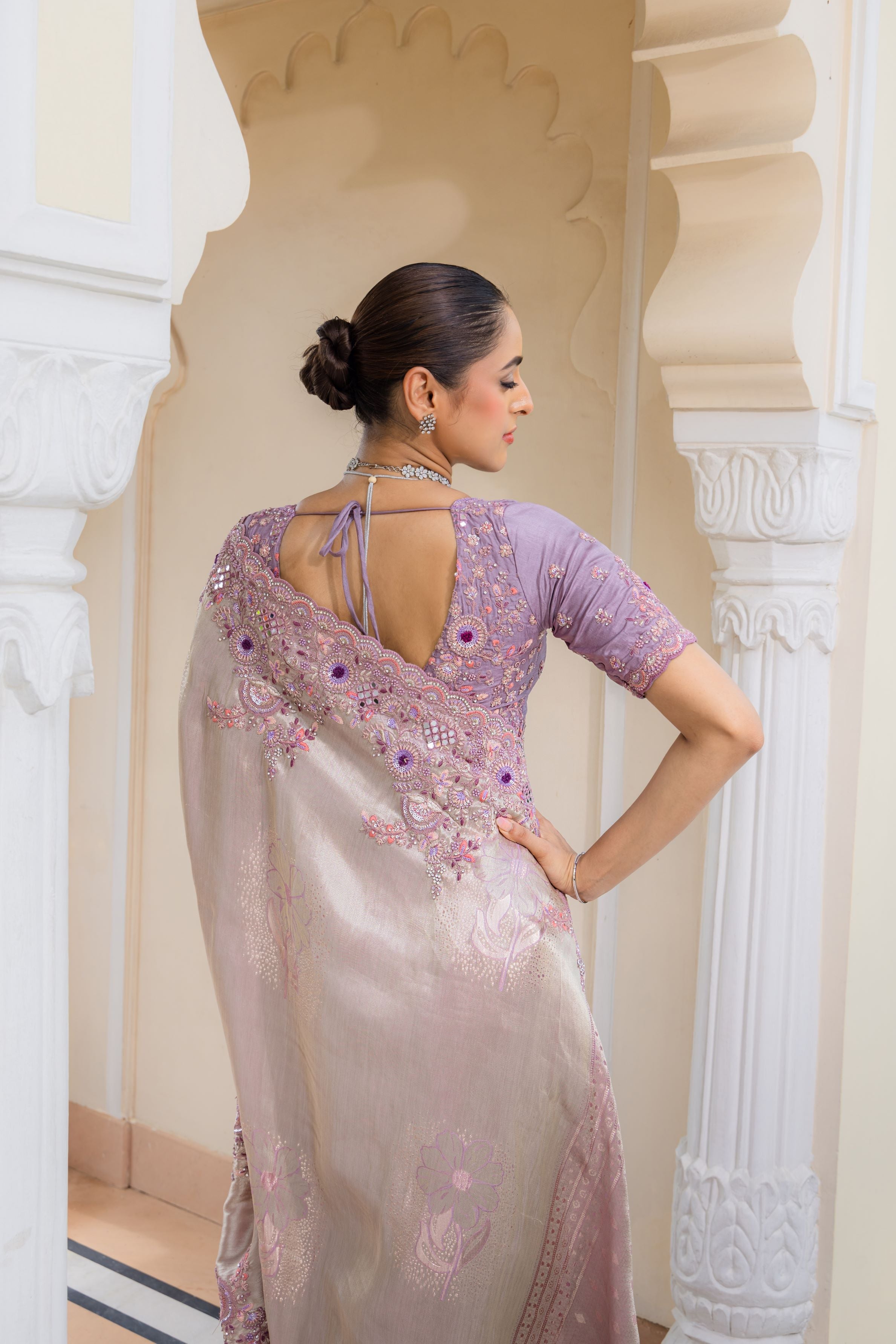 Light Mauve Embroidered Banarasi Silk Saree