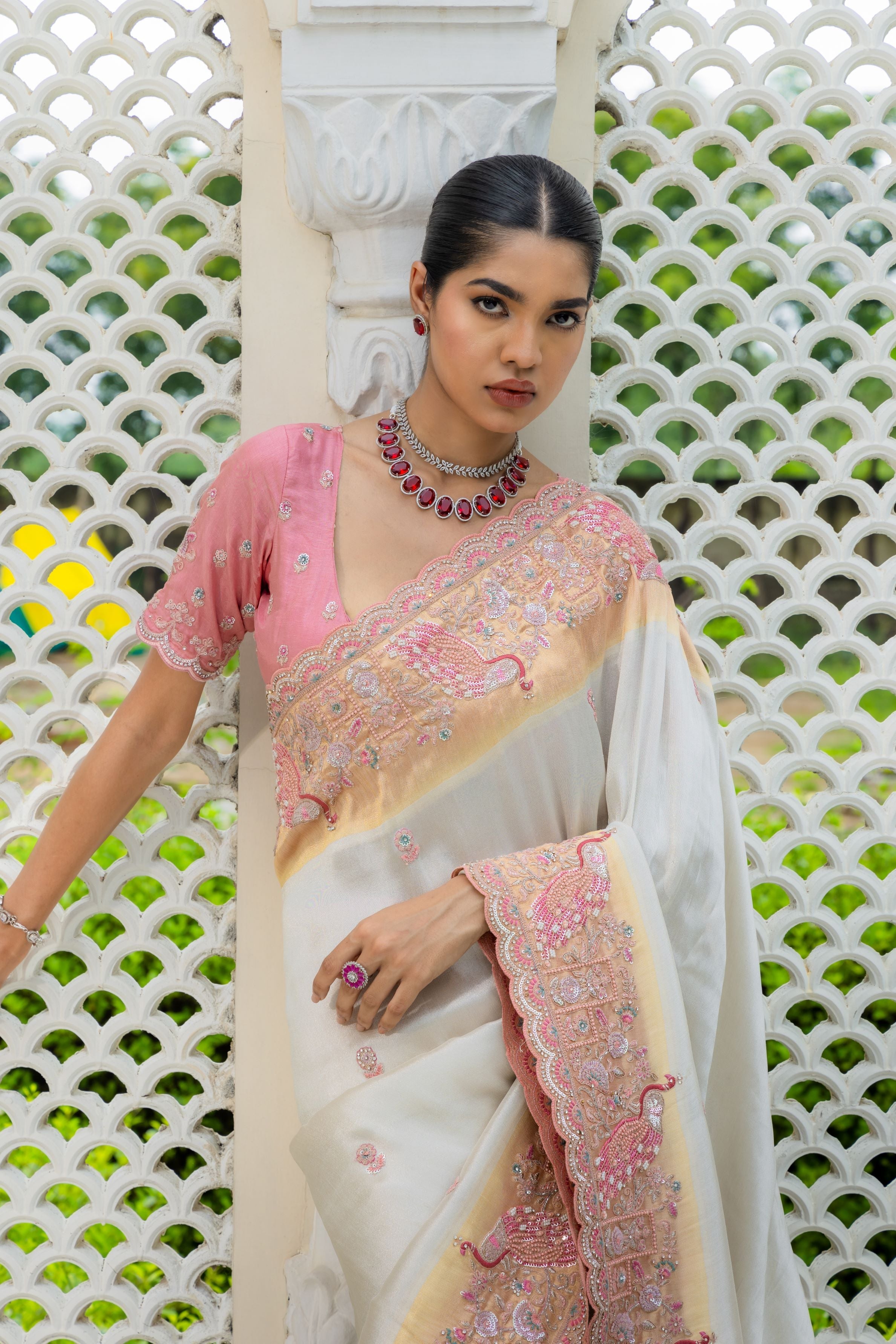 Ivory Embroidered Banarasi Silk Saree