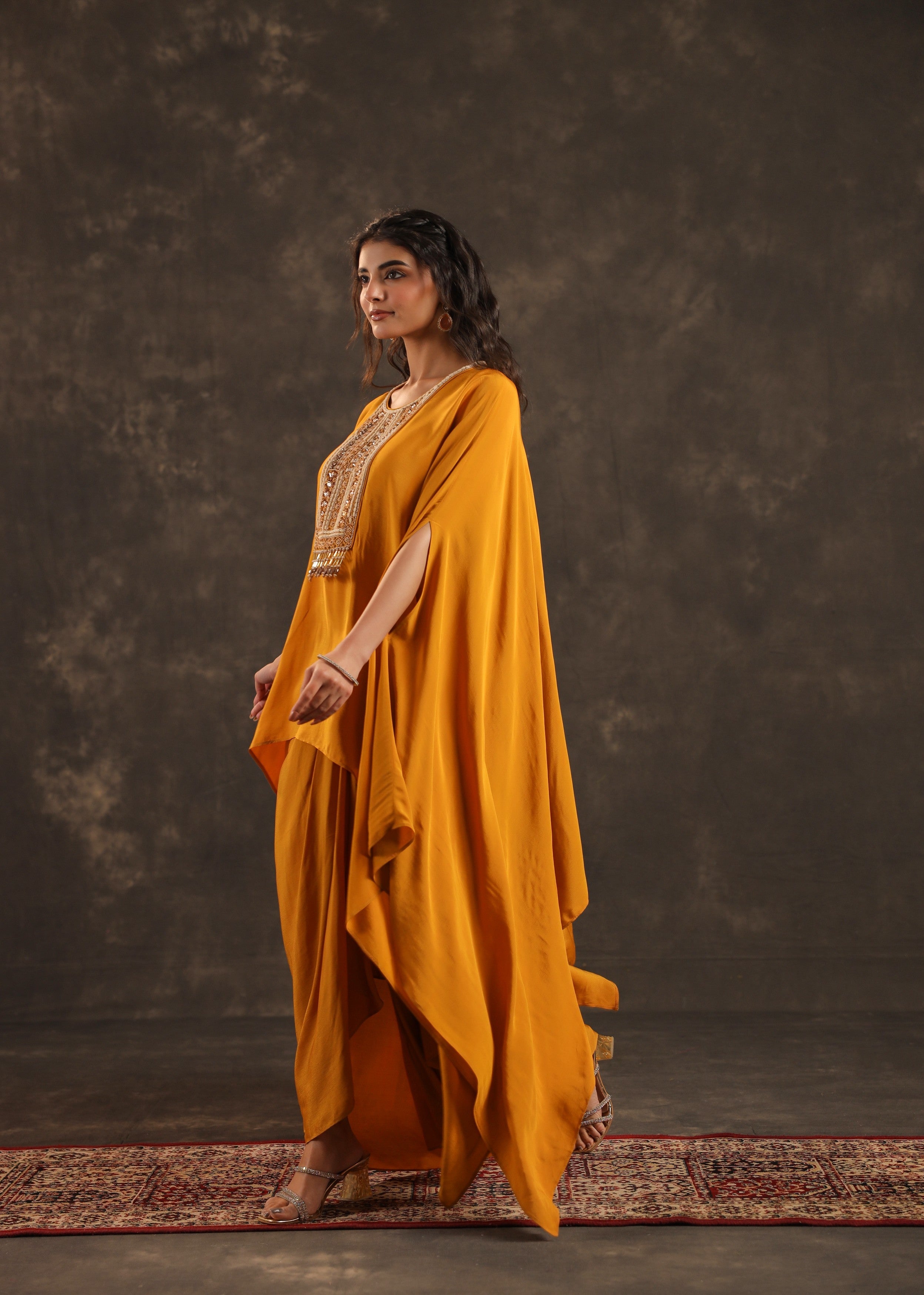 Saffron Embellished Crepe Silk Kaftan Set