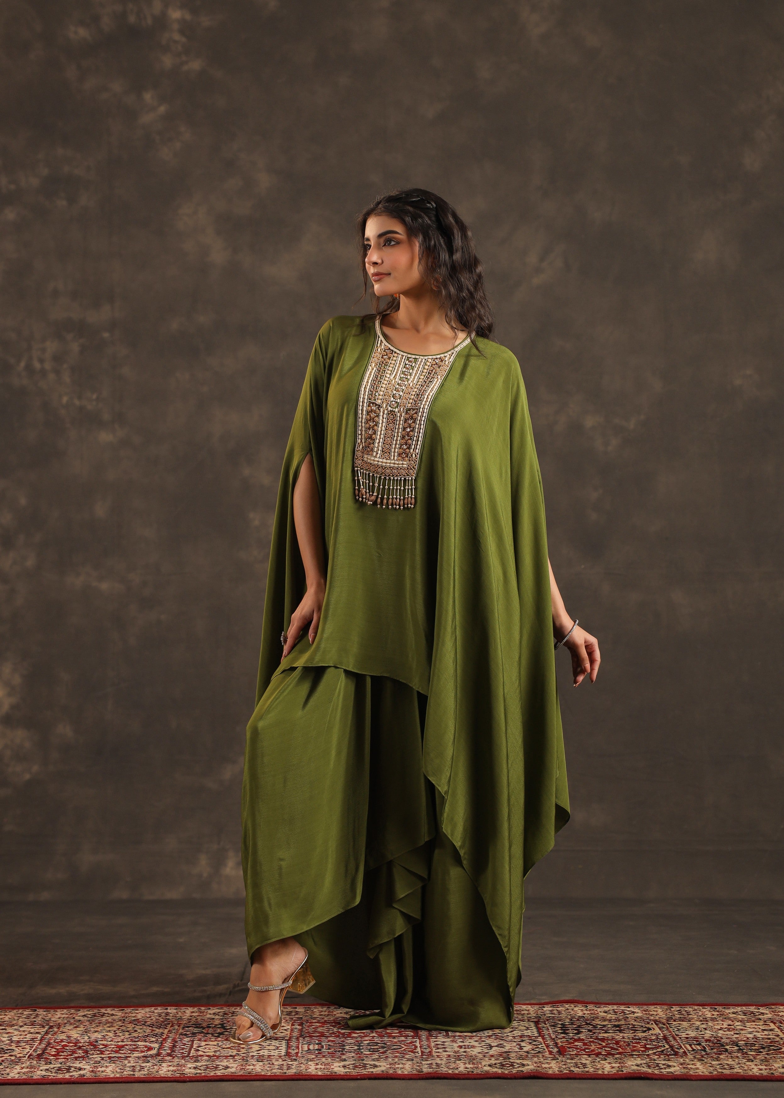 Olive Embellished Crepe Silk Kaftan Set