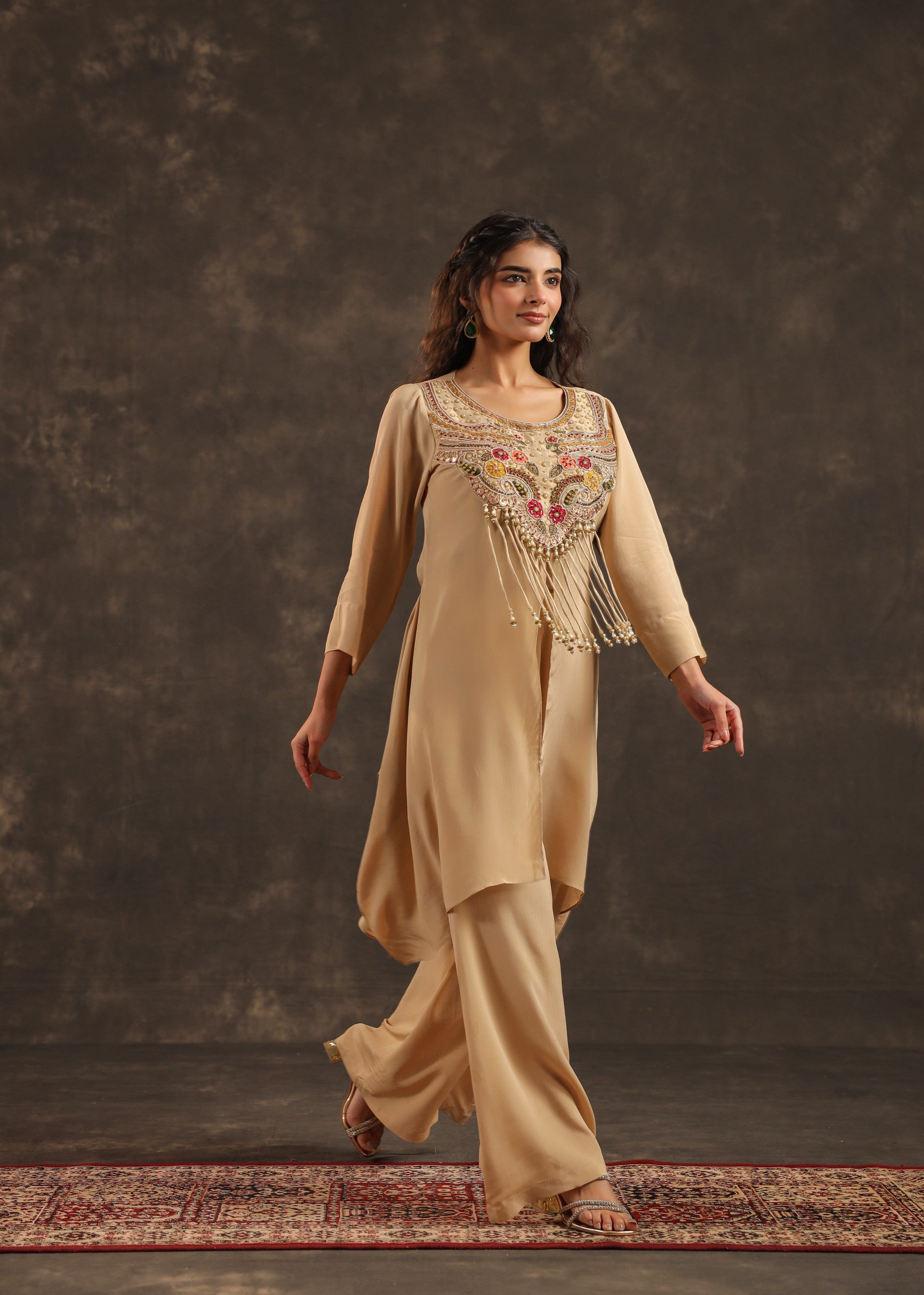Desert Bloom Embellished Crepe Silk Palazzo Set