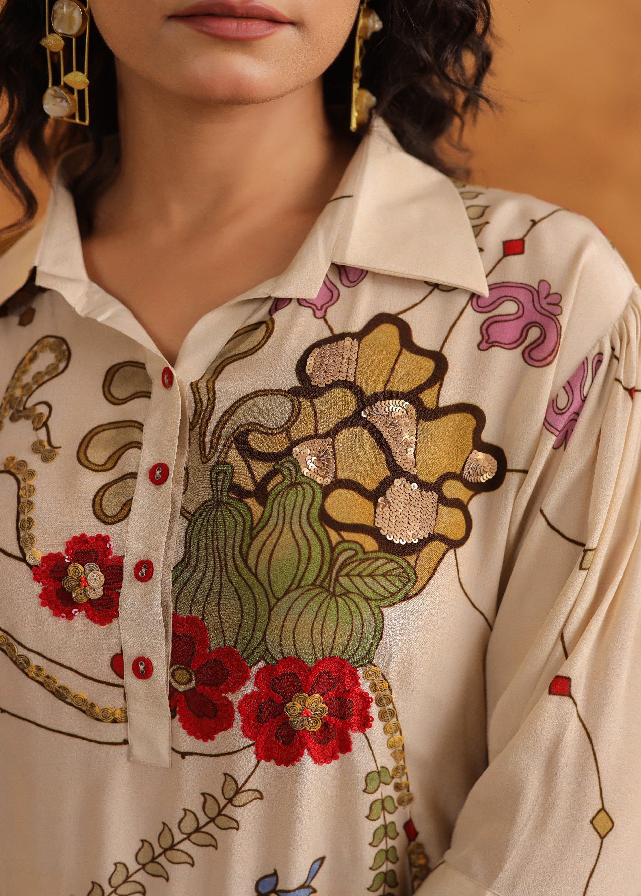 Beige Printed Viscose Crepe Kurta Set