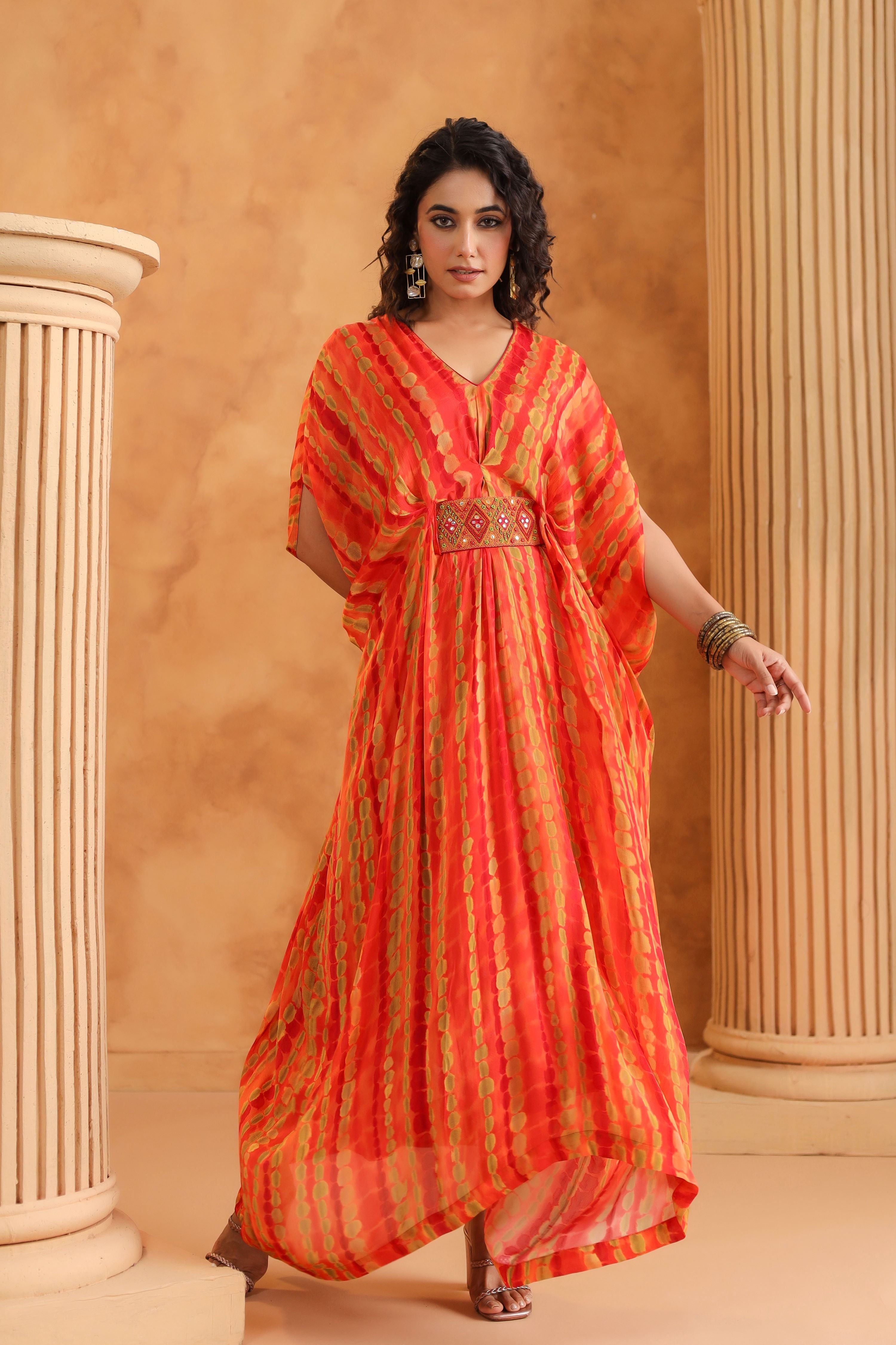 Orange Printed Chinon Silk Kaftan Style Dress