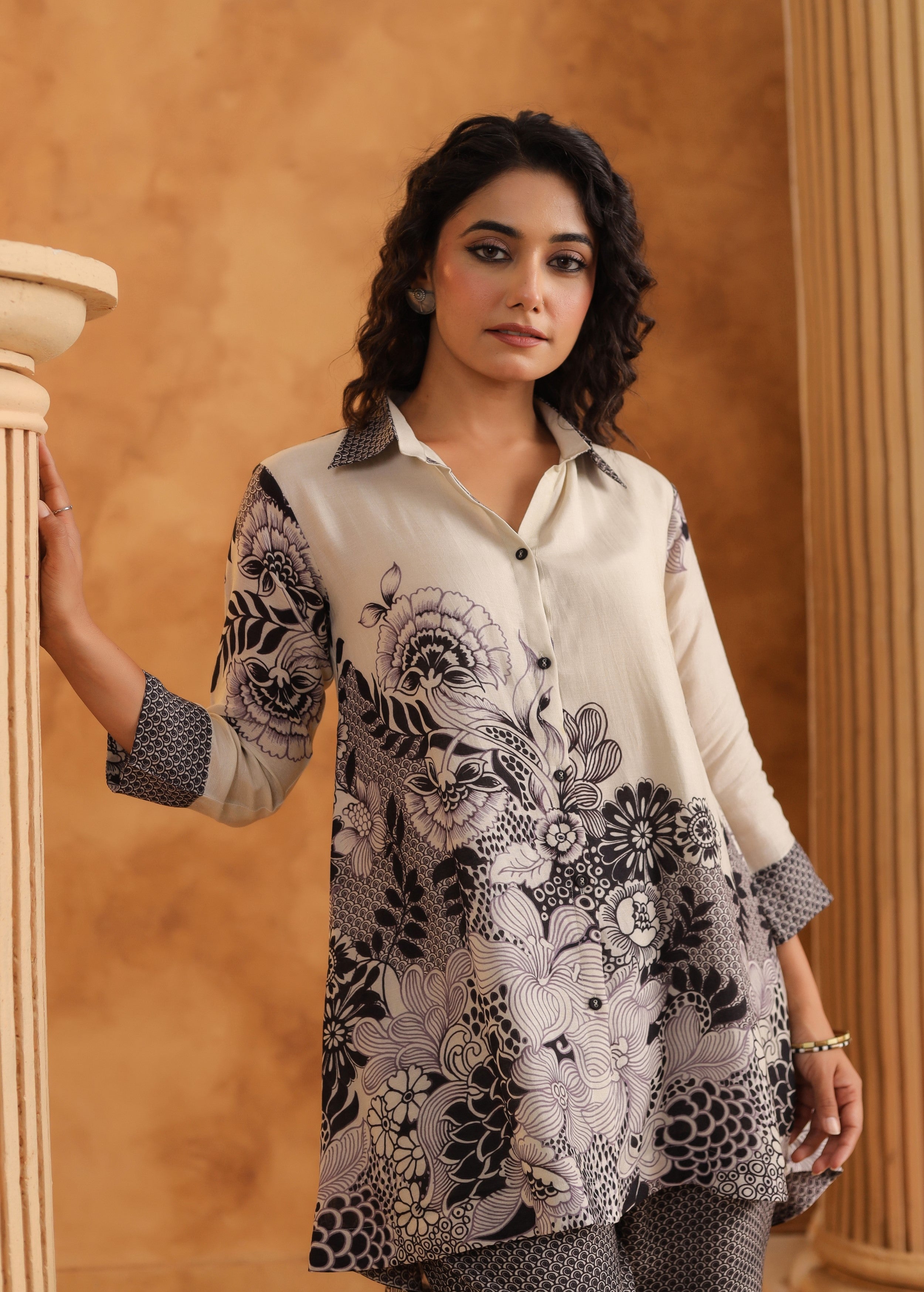 Monochrome Floral Printed Pure Linen Co-Ord Set