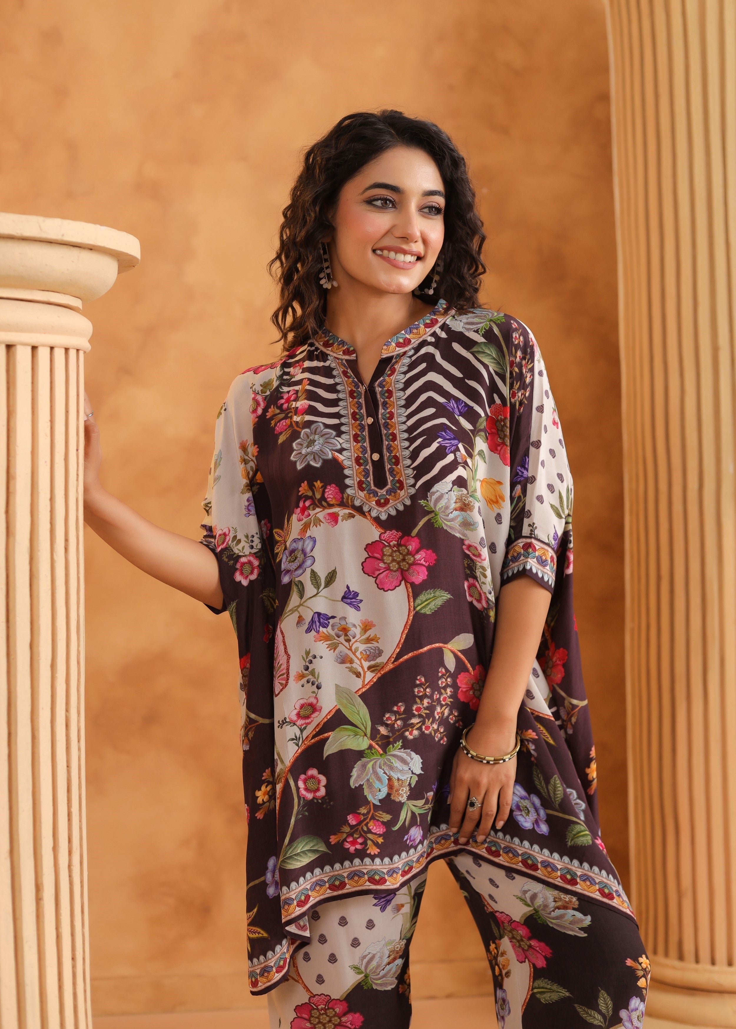 Brown Multi-Print Viscose Crepe Co-Ord Set