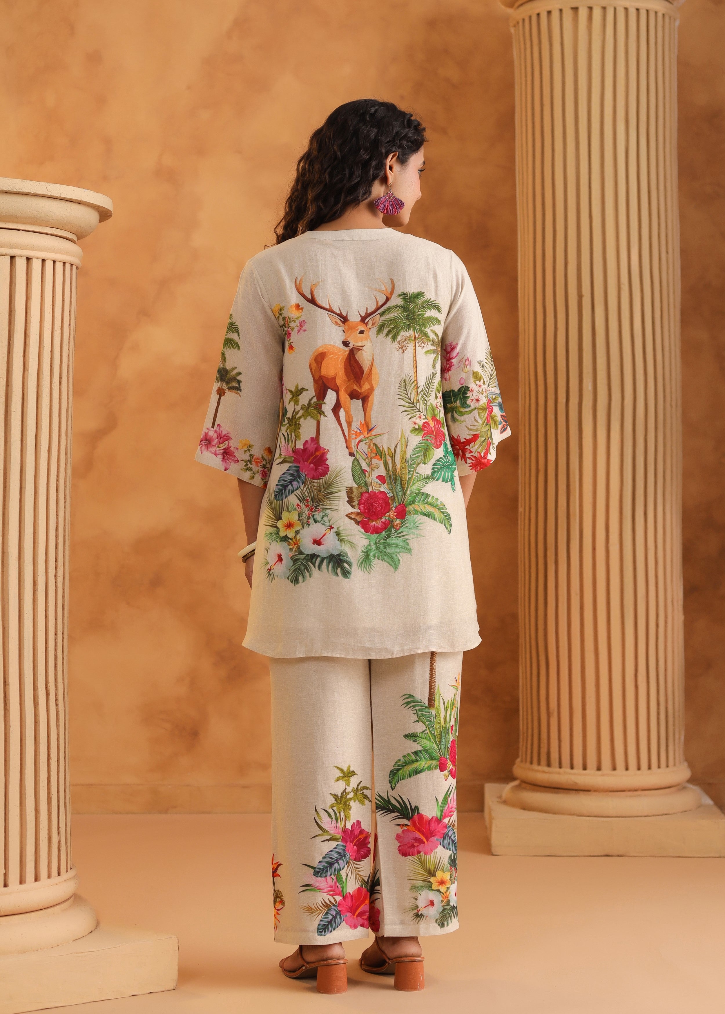 Cream White Floral Printed Pure Linen Co-Ord Set