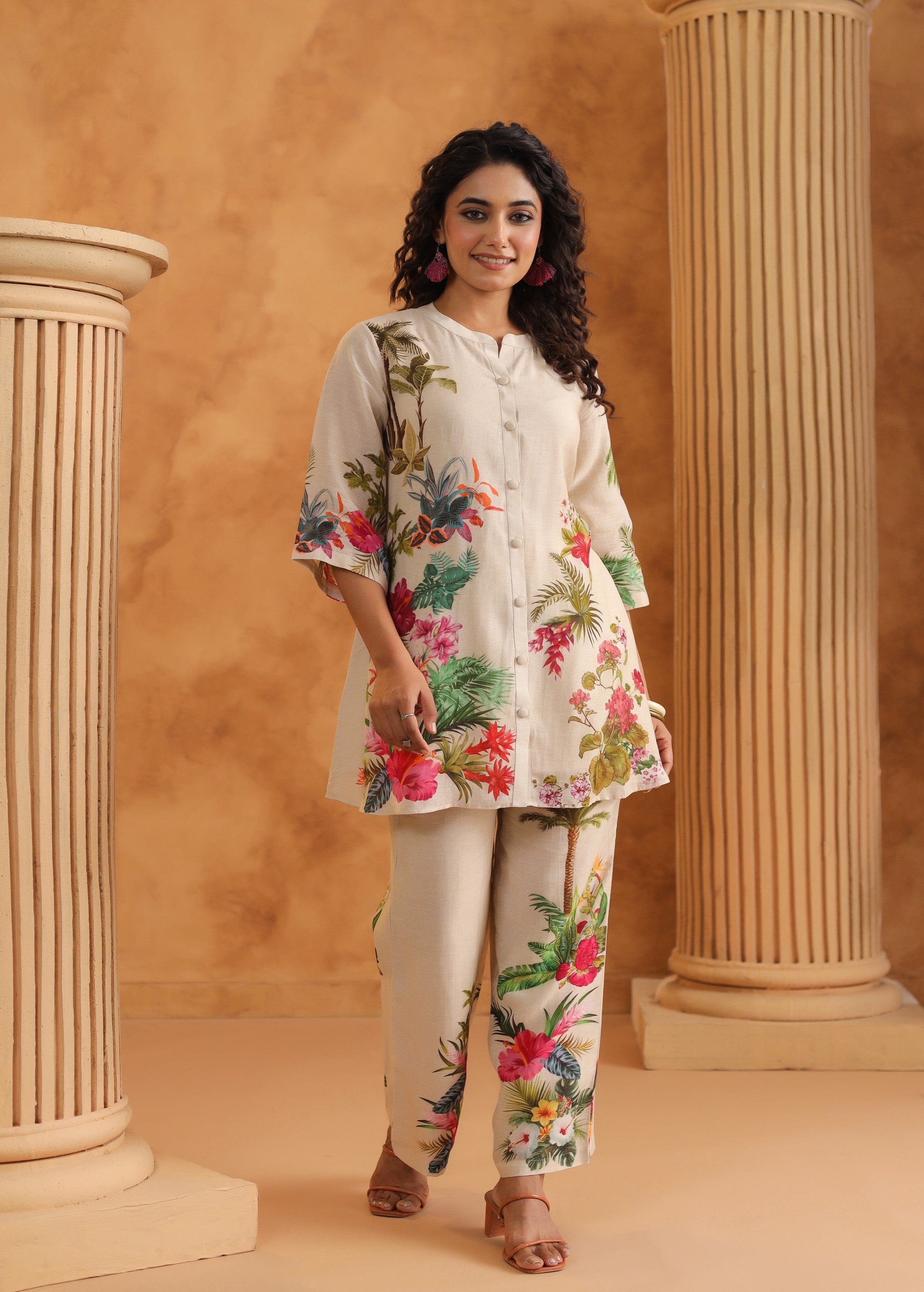 Cream White Floral Printed Pure Linen Co-Ord Set