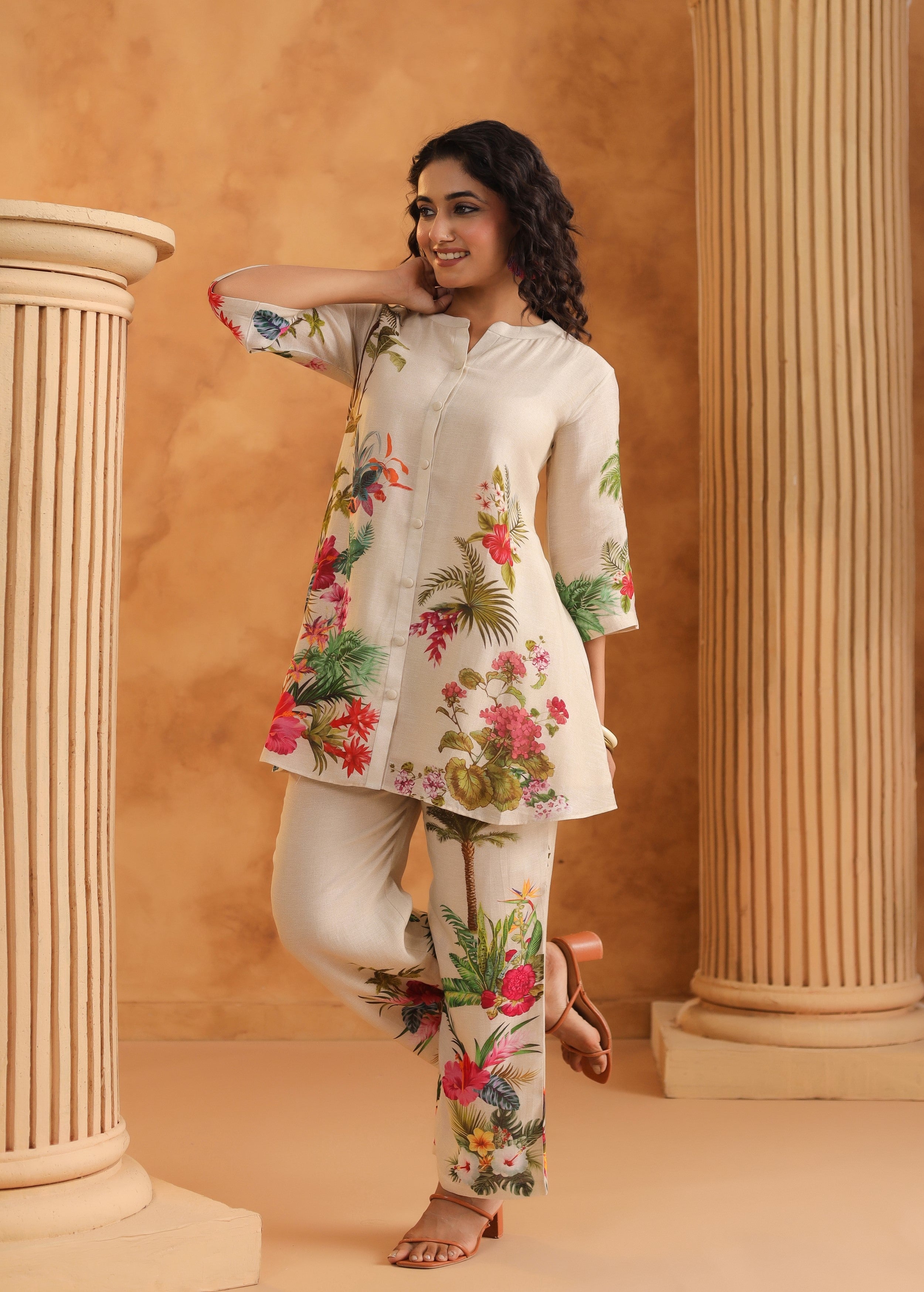 Cream White Floral Printed Pure Linen Co-Ord Set