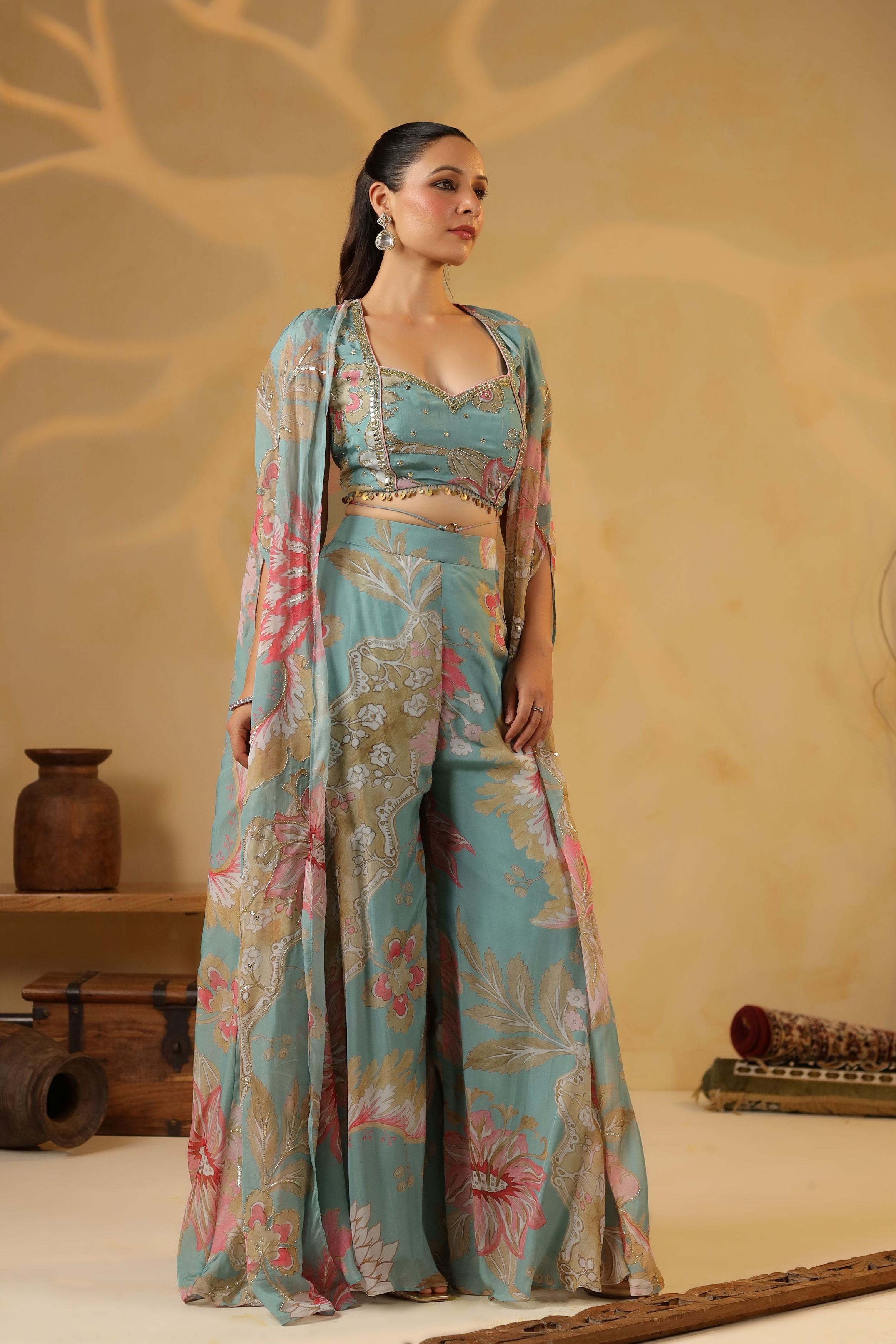 Tufts Blue Floral Printed Muslin Silk Cape Set