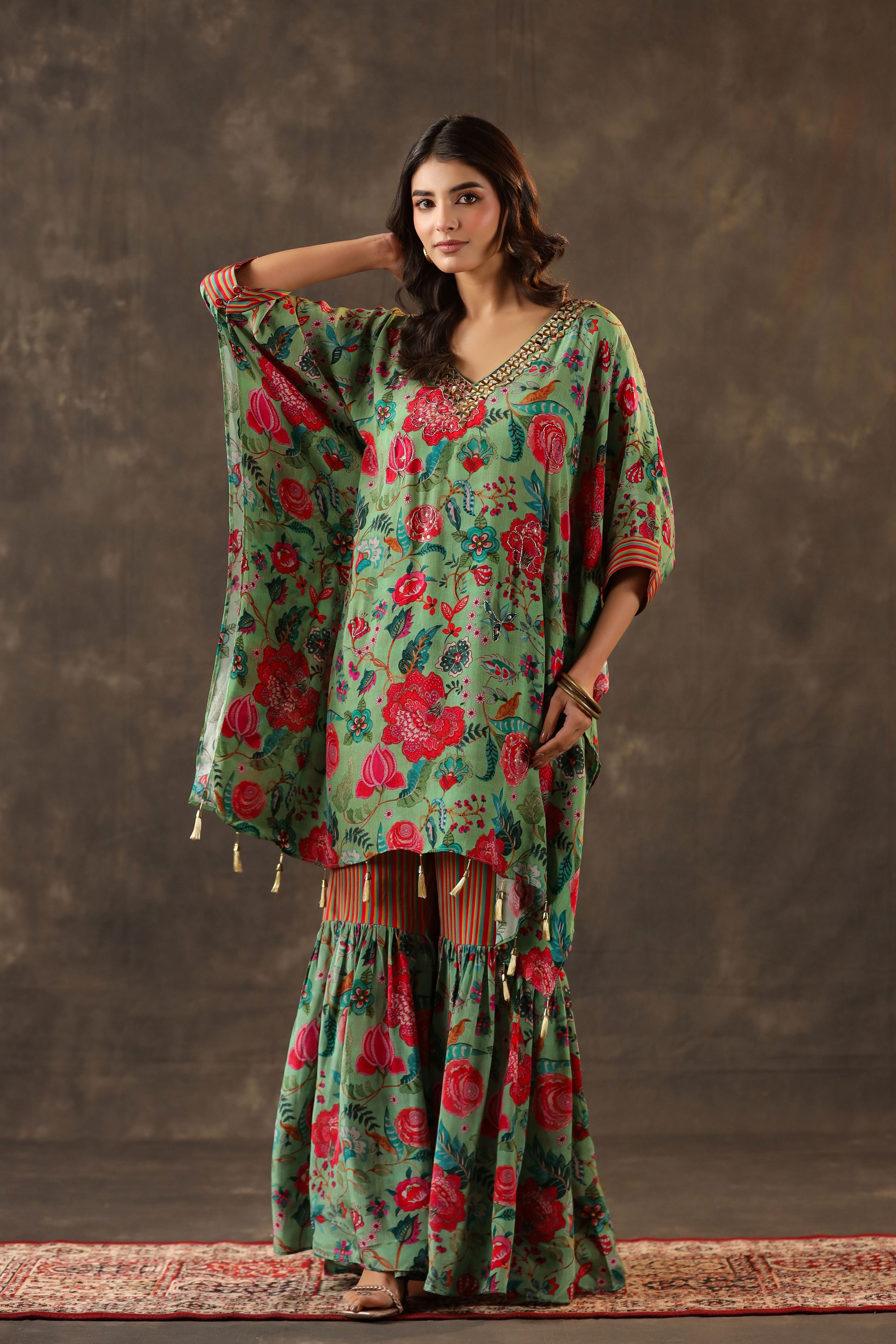 Seafoam Green Printed Crepe Silk Sharara Set