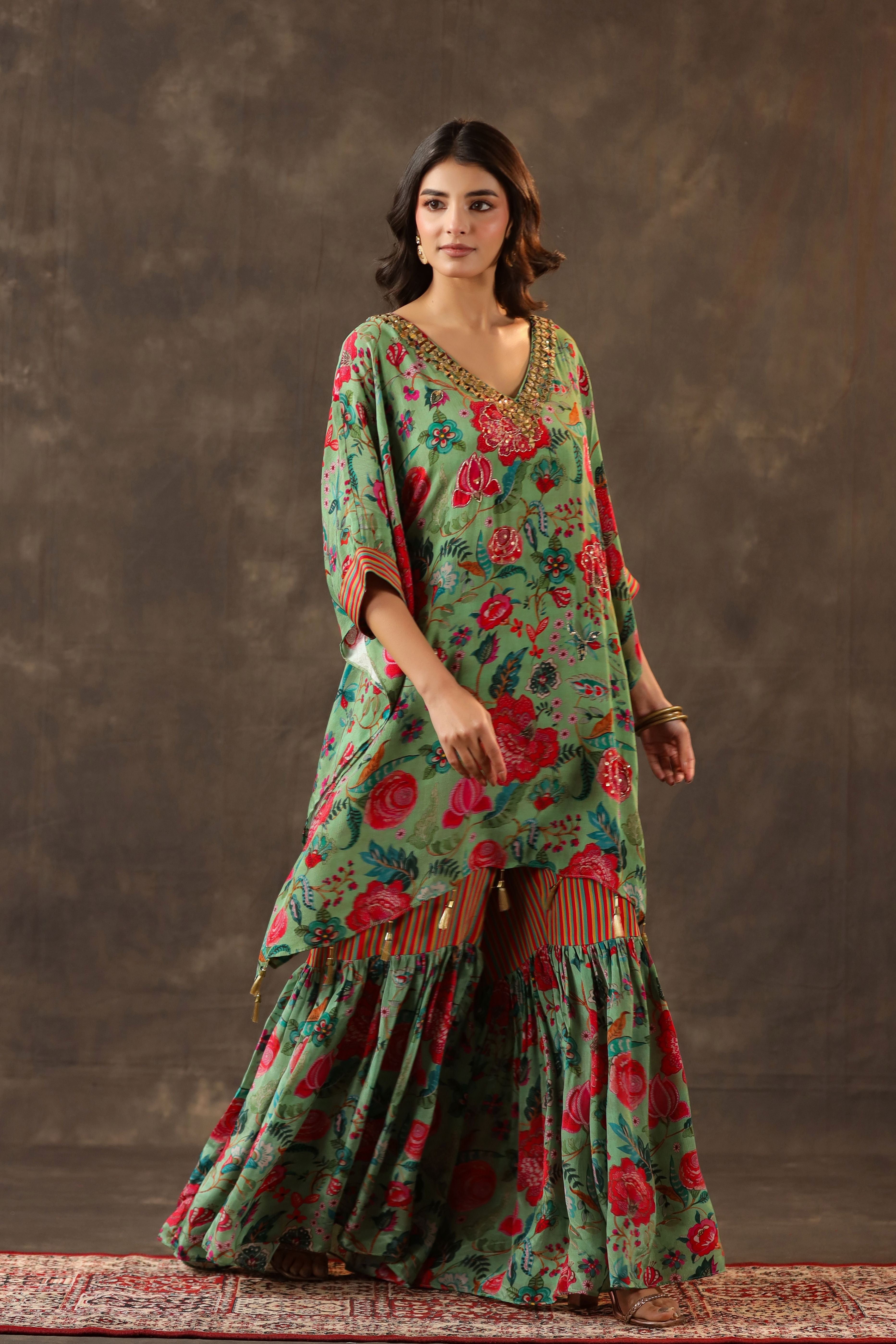Seafoam Green Printed Crepe Silk Sharara Set