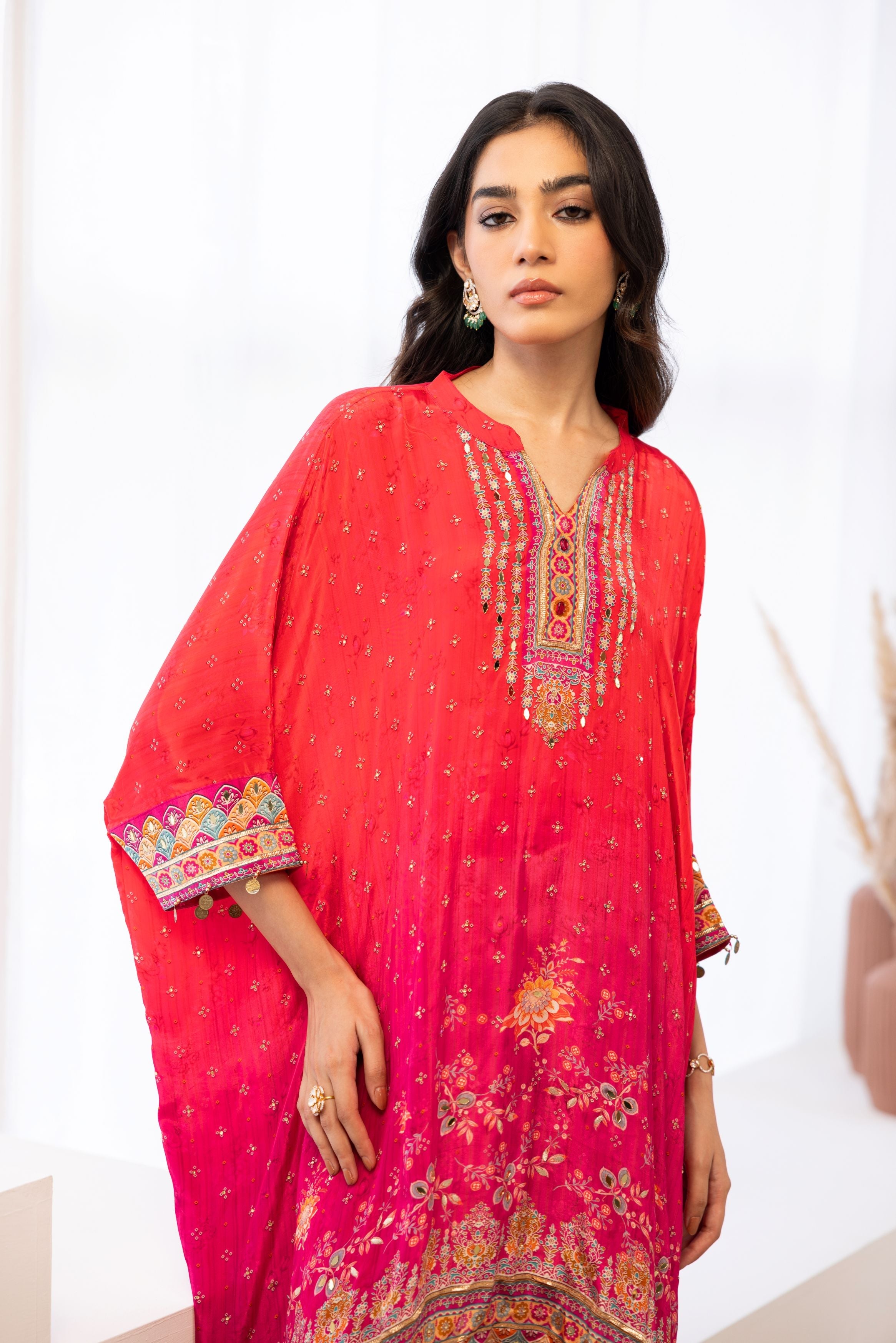 Rani Pink Embellished Crepe Silk Kaftan Set