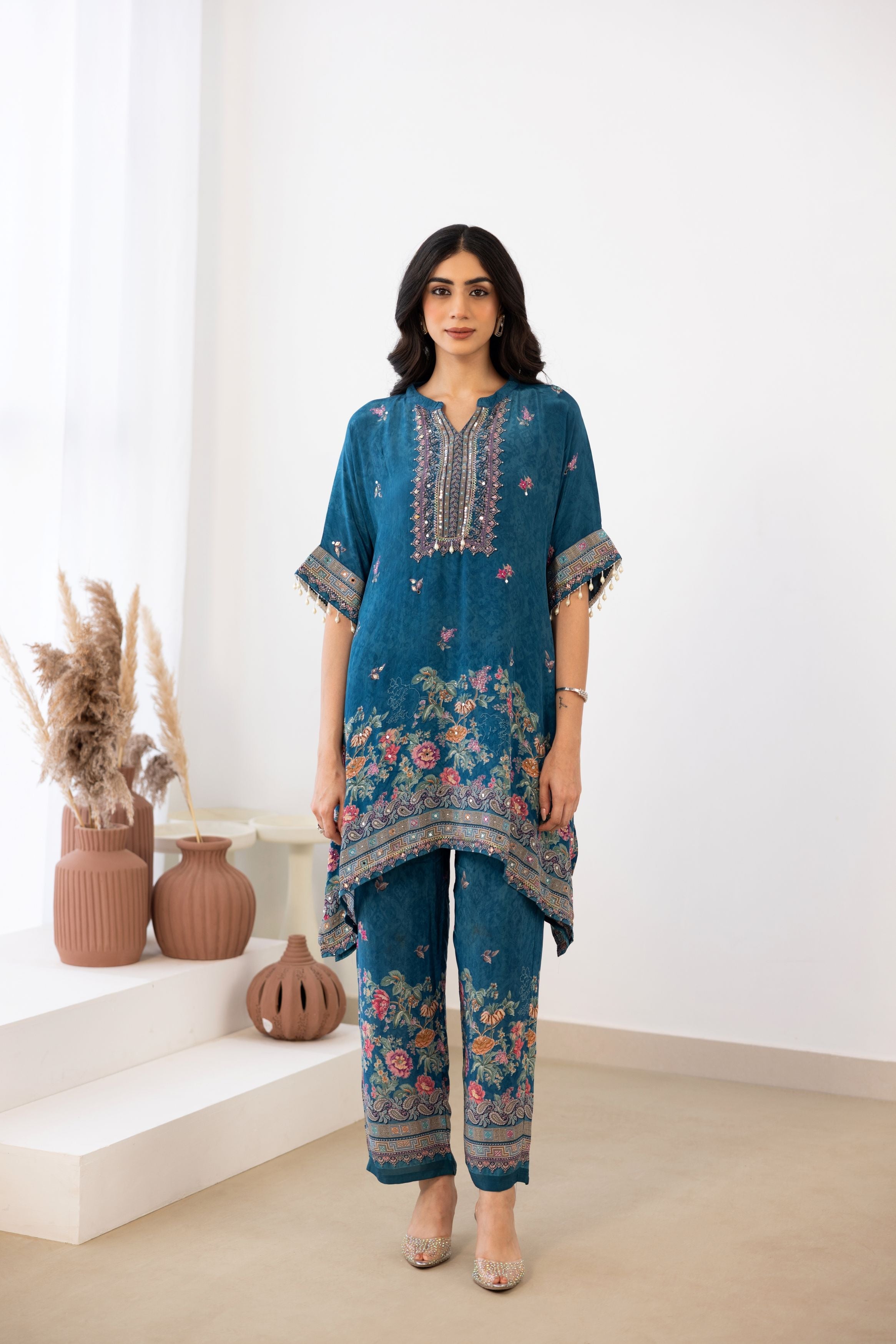 Peacock Blue Embellished Crepe Silk Co-Ord Set