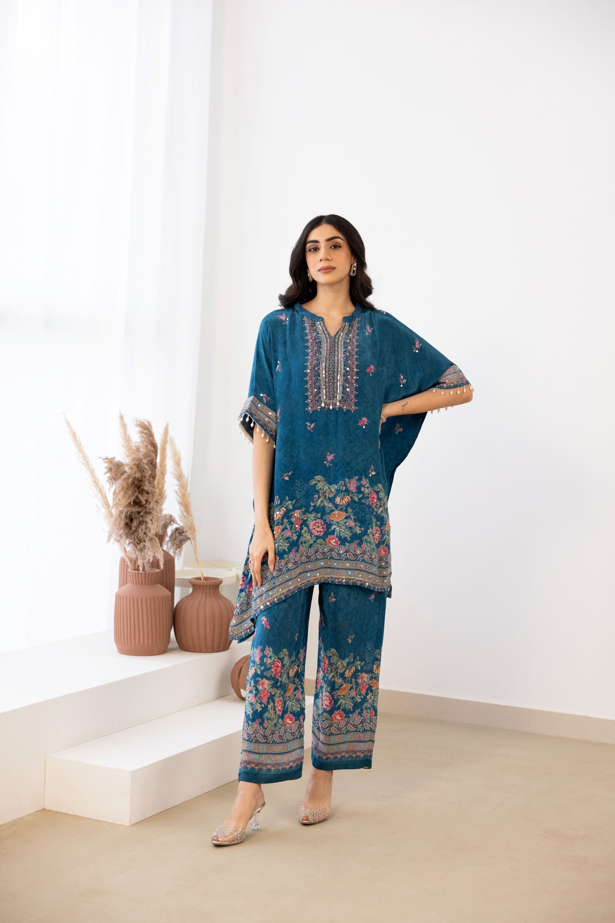 Peacock Blue Embellished Crepe Silk Co-Ord Set