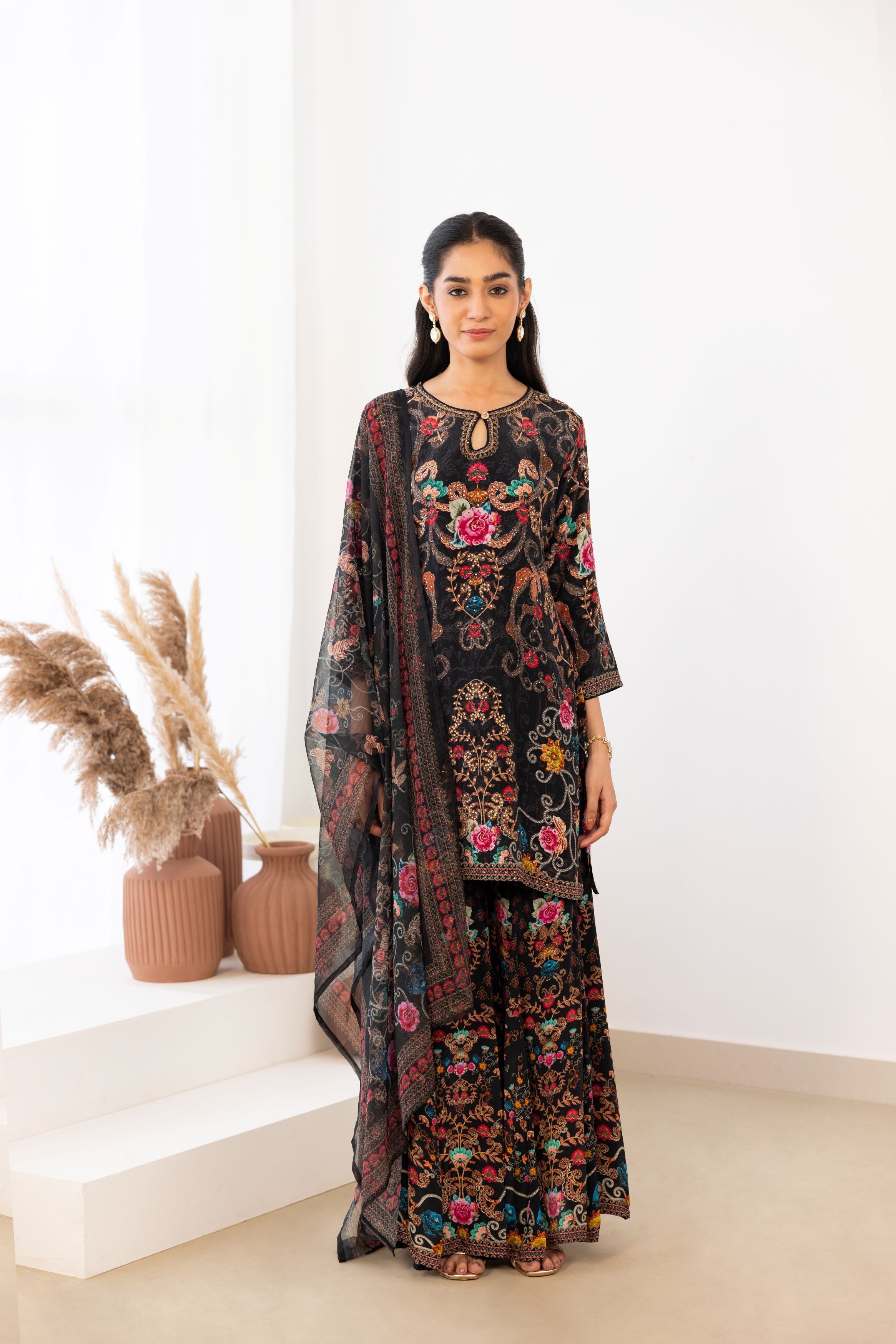Charcoal Black Crepe Silk Sharara Set