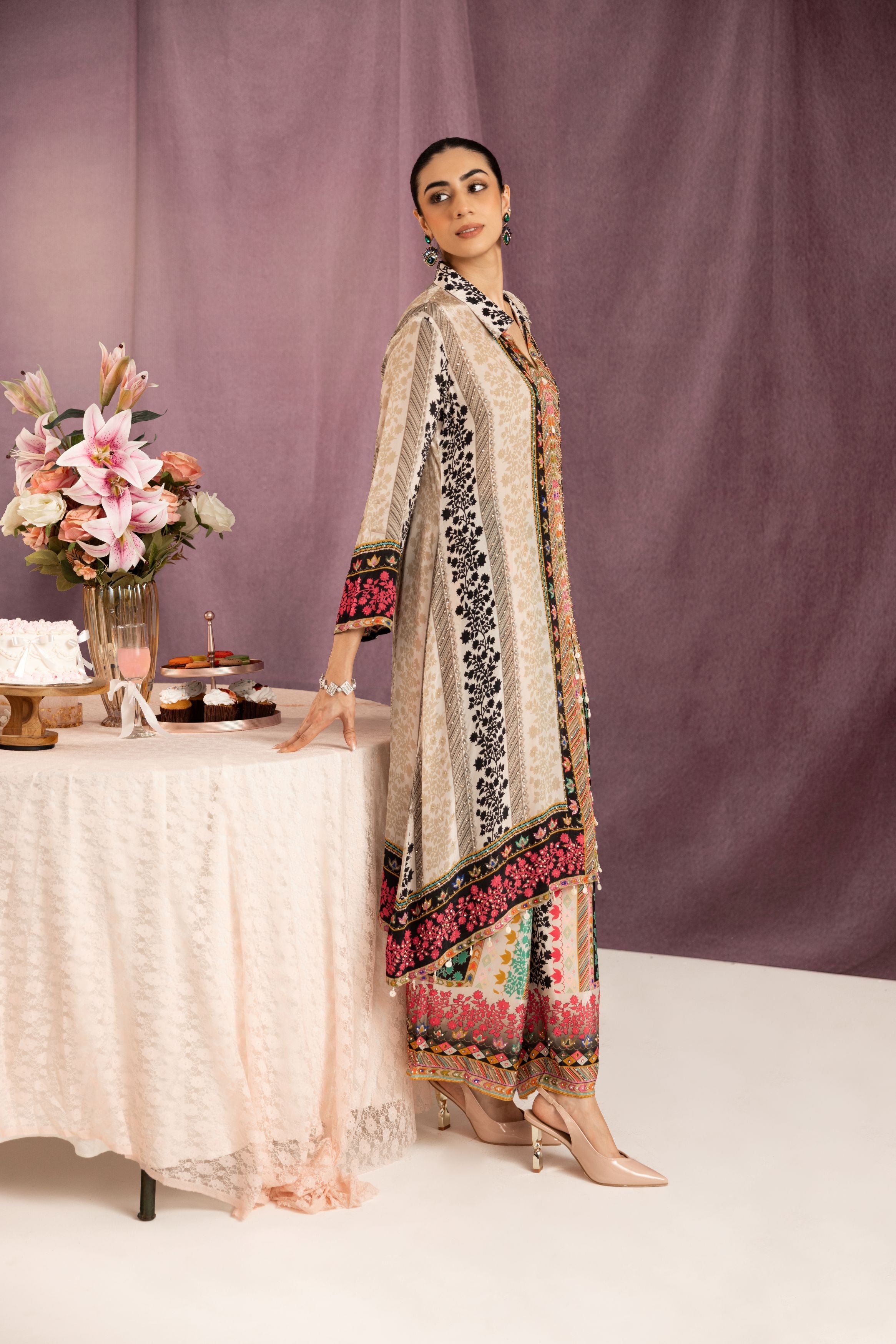 Pearl White Printed Muslin Silk Co-Ord Set