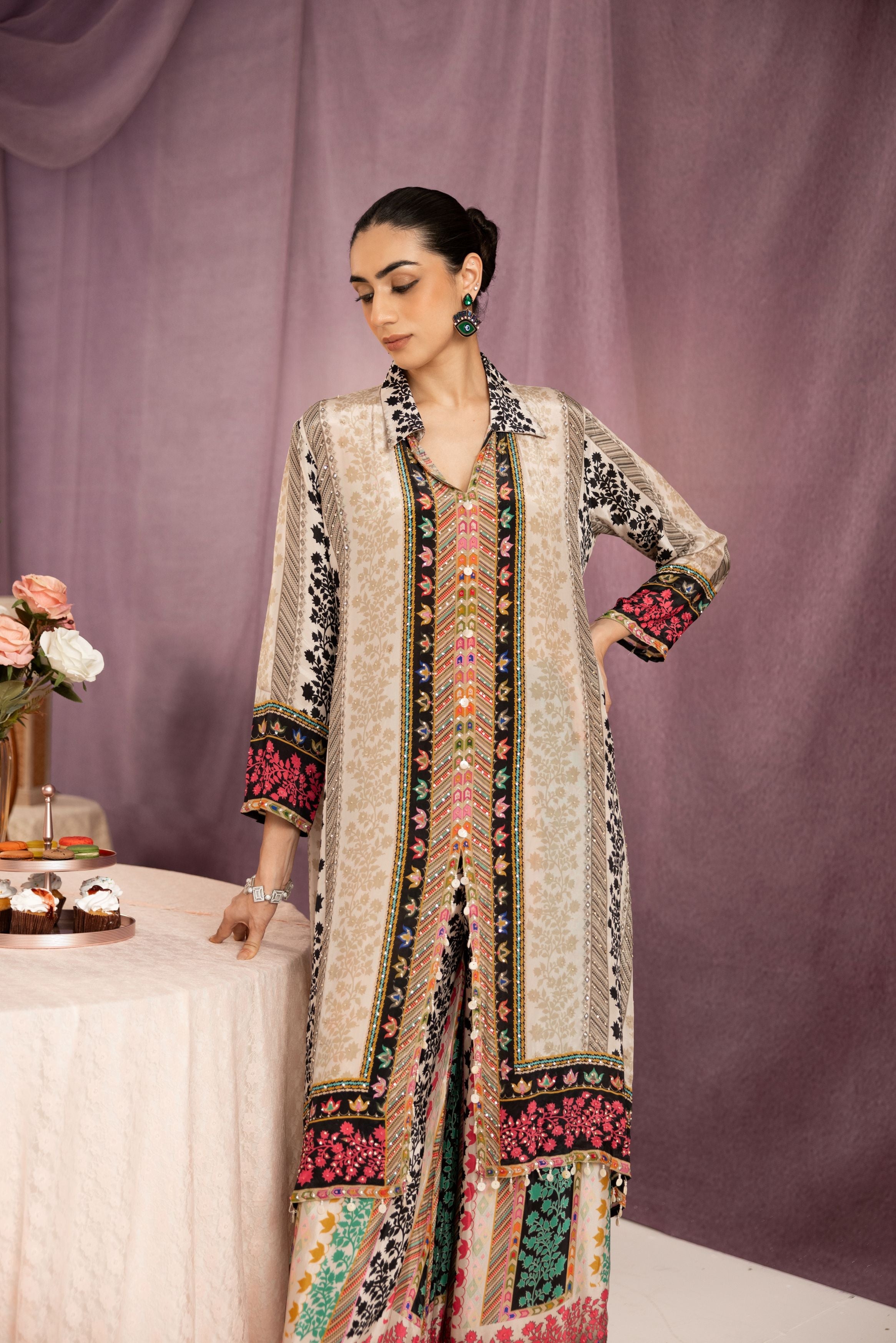 Pearl White Printed Muslin Silk Co-Ord Set