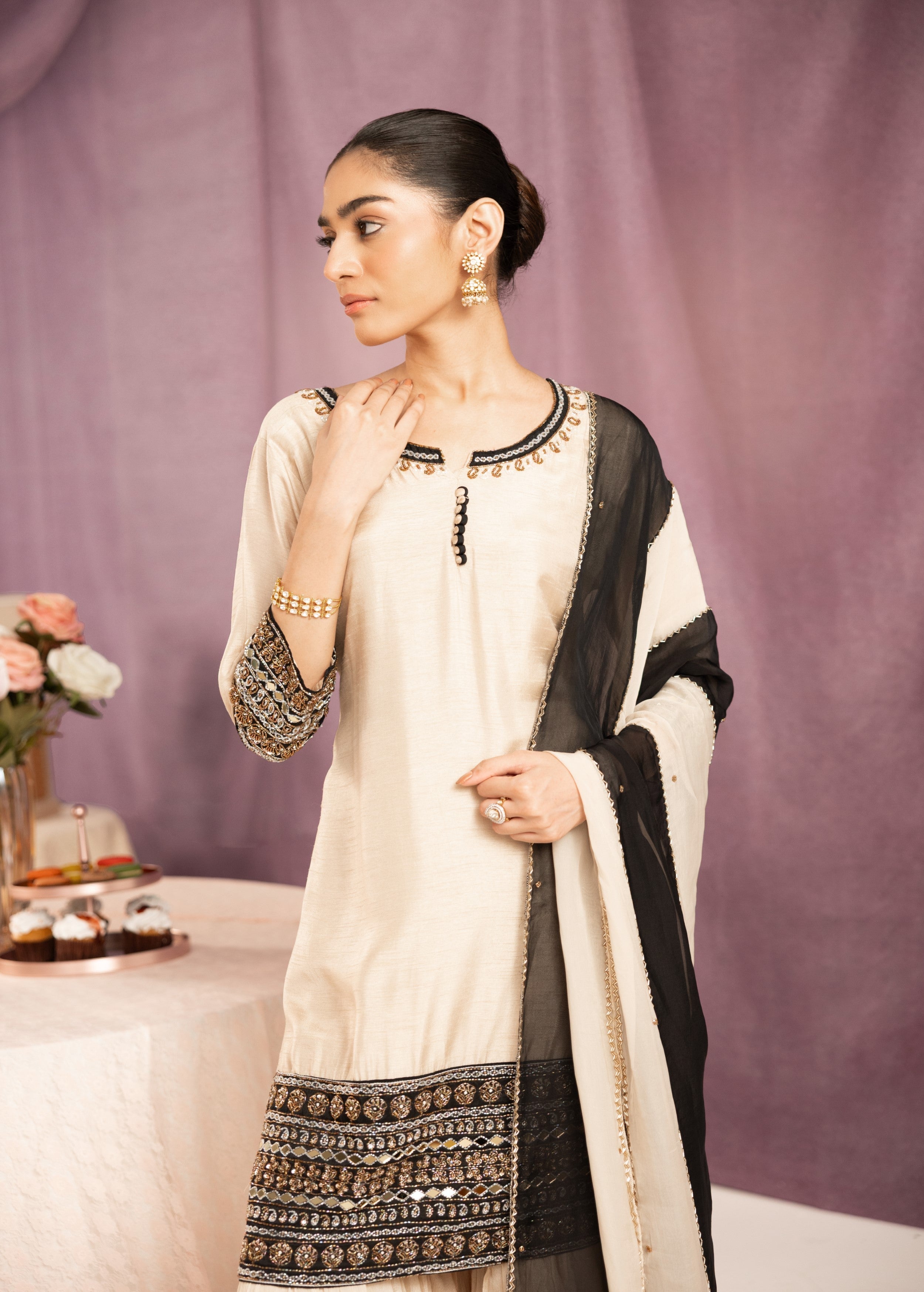 Ivory White Embellished Raw Silk Sharara Set