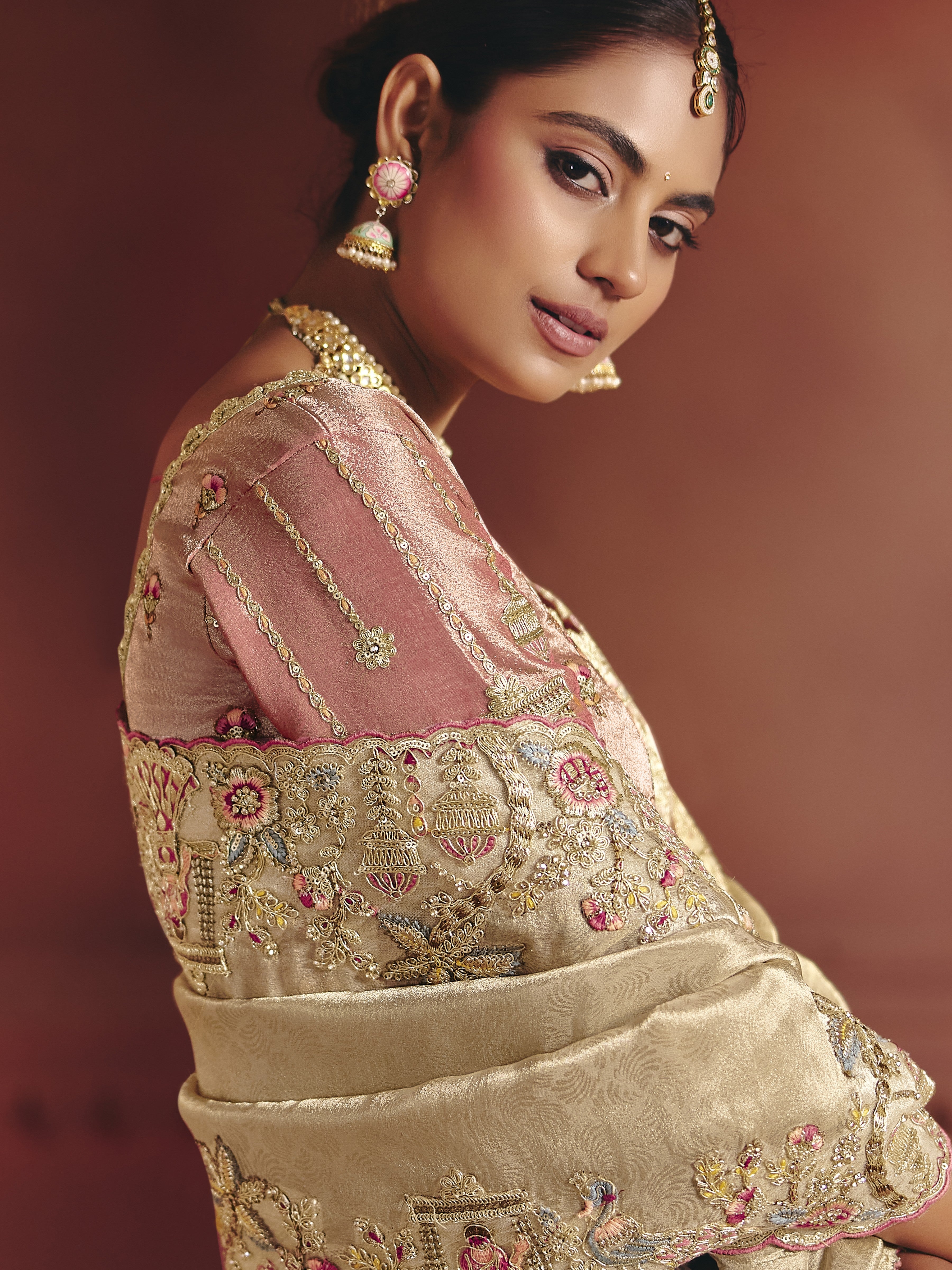 Champagne Gold Embellished Shimmer Tissue Silk Saree