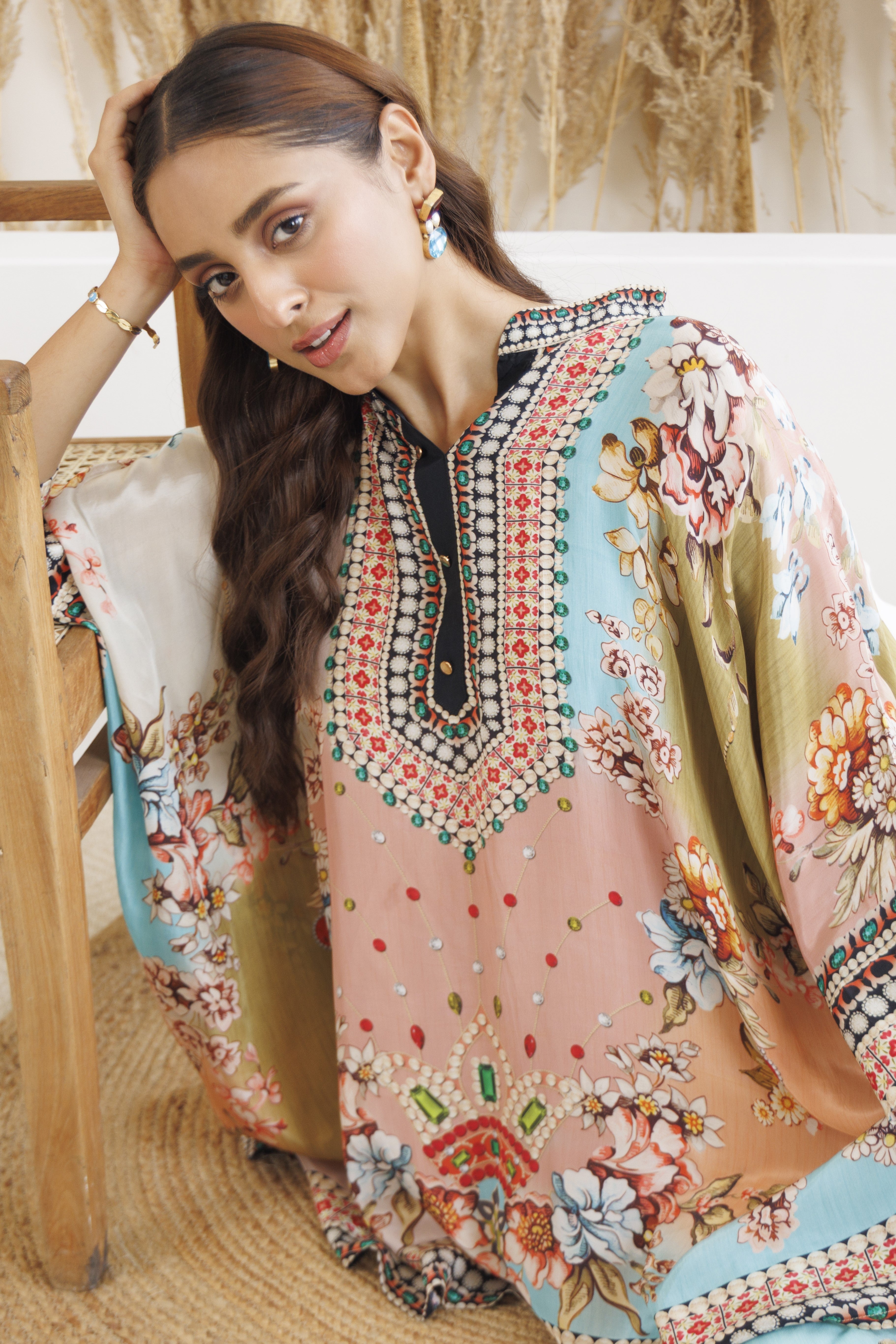 Peach Boho Bloom Printed Satin Silk Kaftan Set