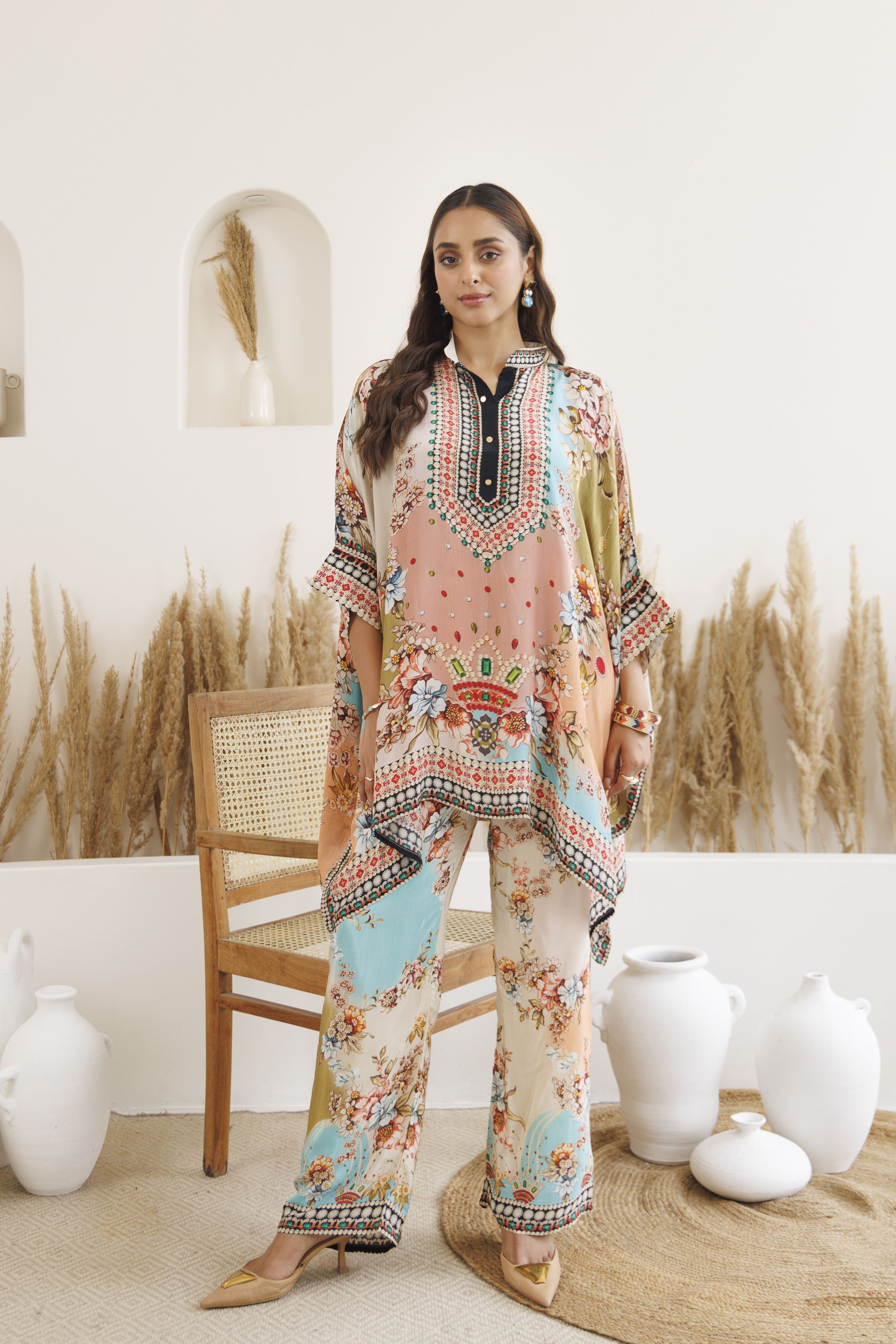 Peach Boho Bloom Printed Satin Silk Kaftan Set