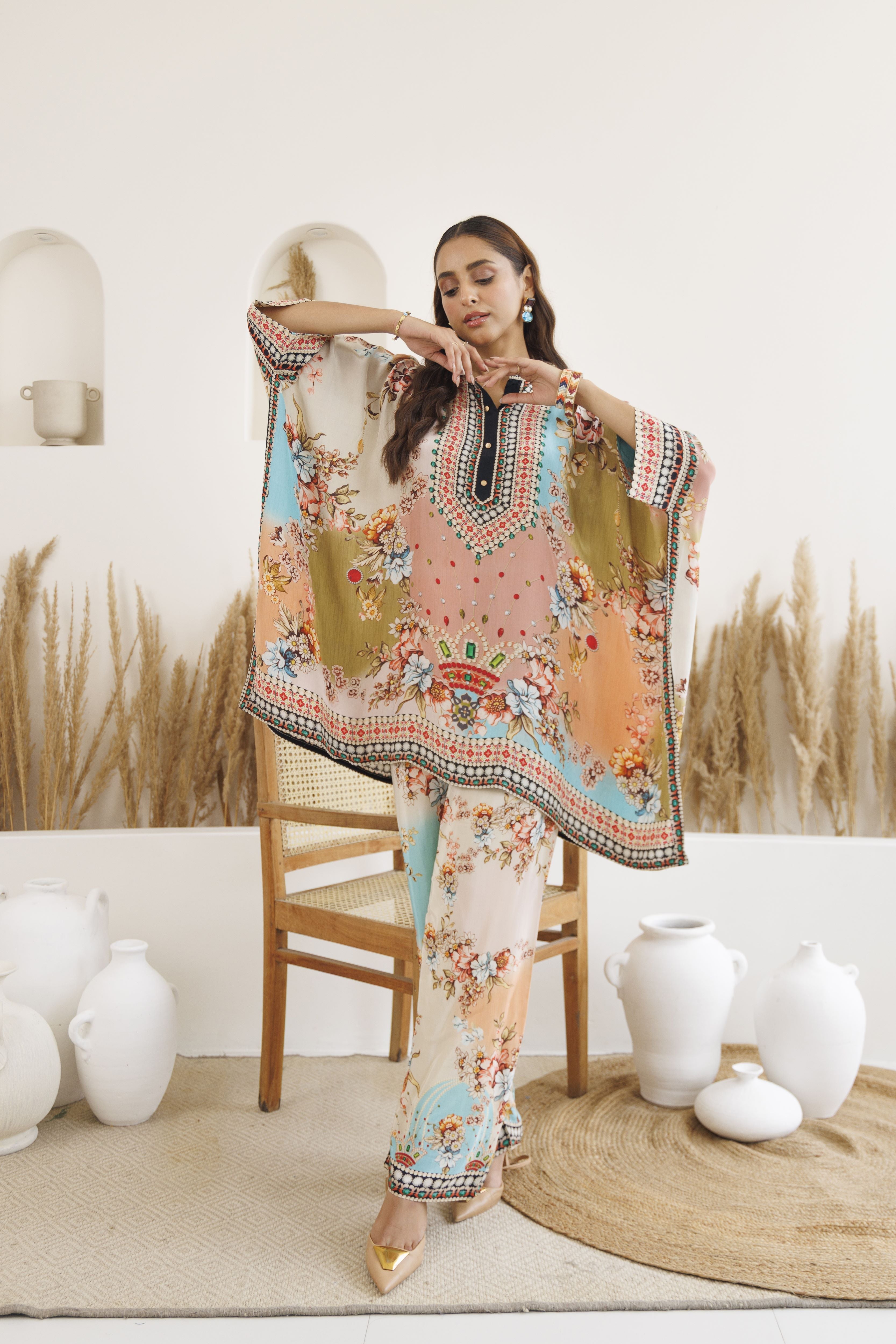 Peach Boho Bloom Printed Satin Silk Kaftan Set