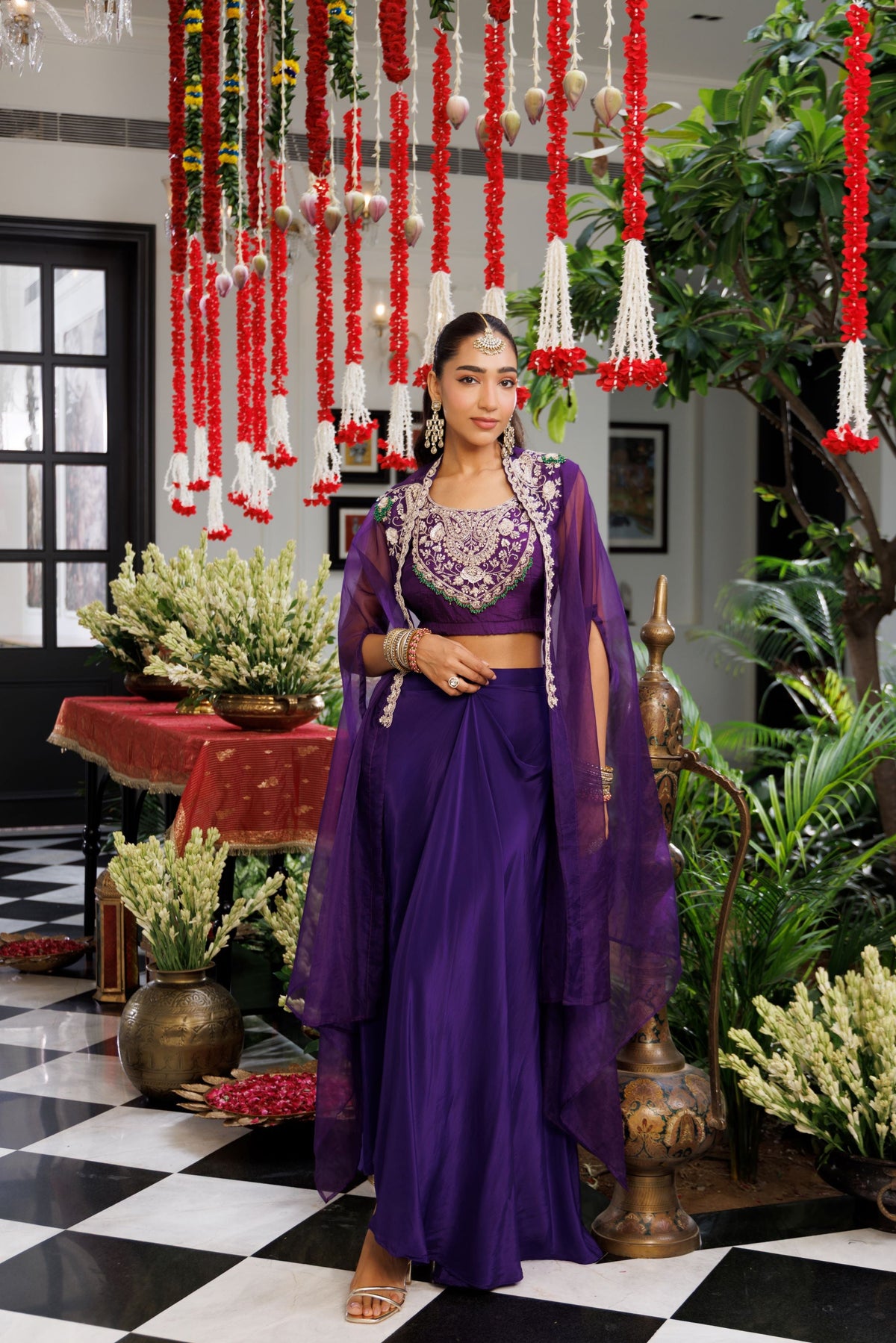 Royal Purple Embellished Organza Silk Cape Set