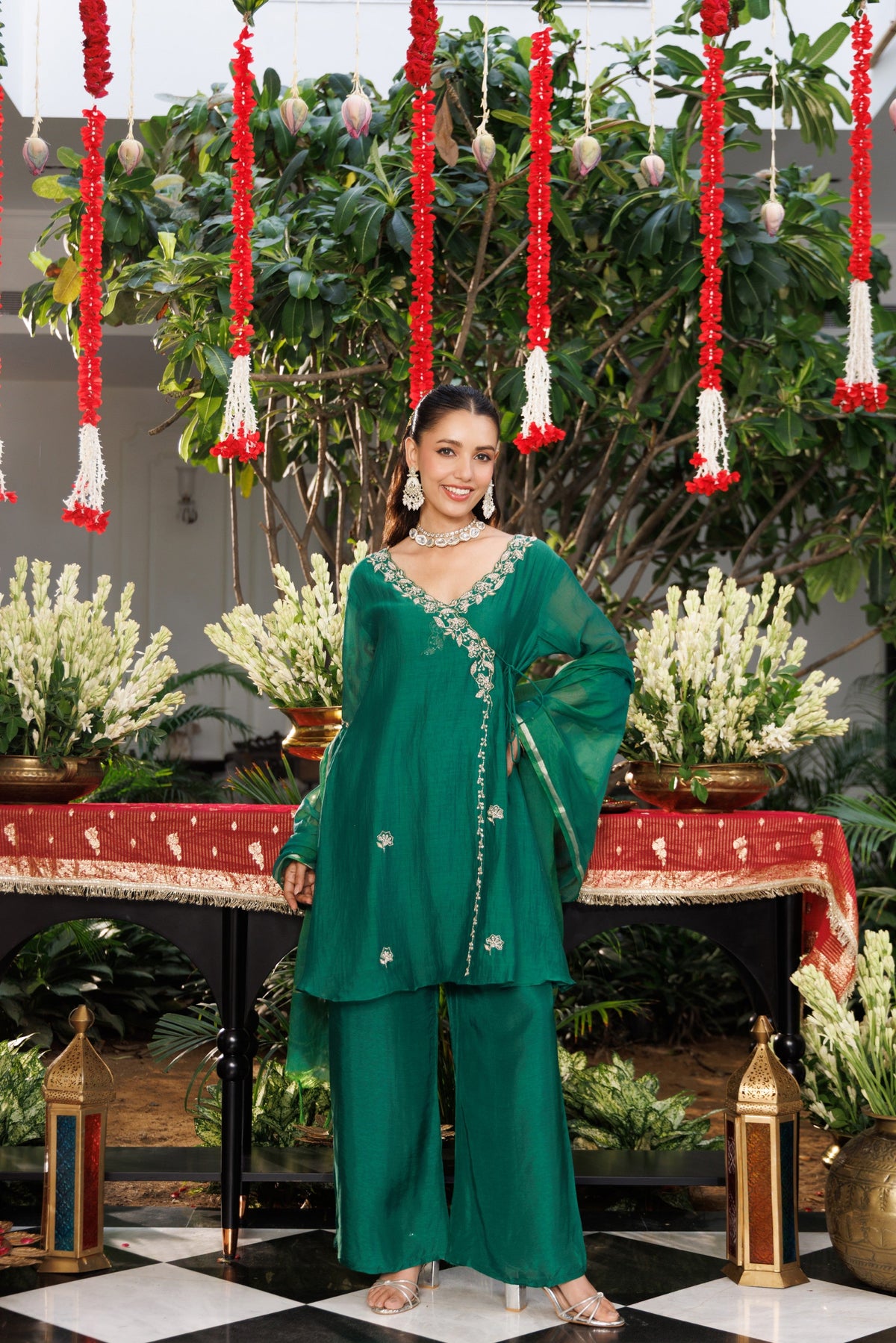 Emerald Green Embellished Chanderi Silk Palazzo Set