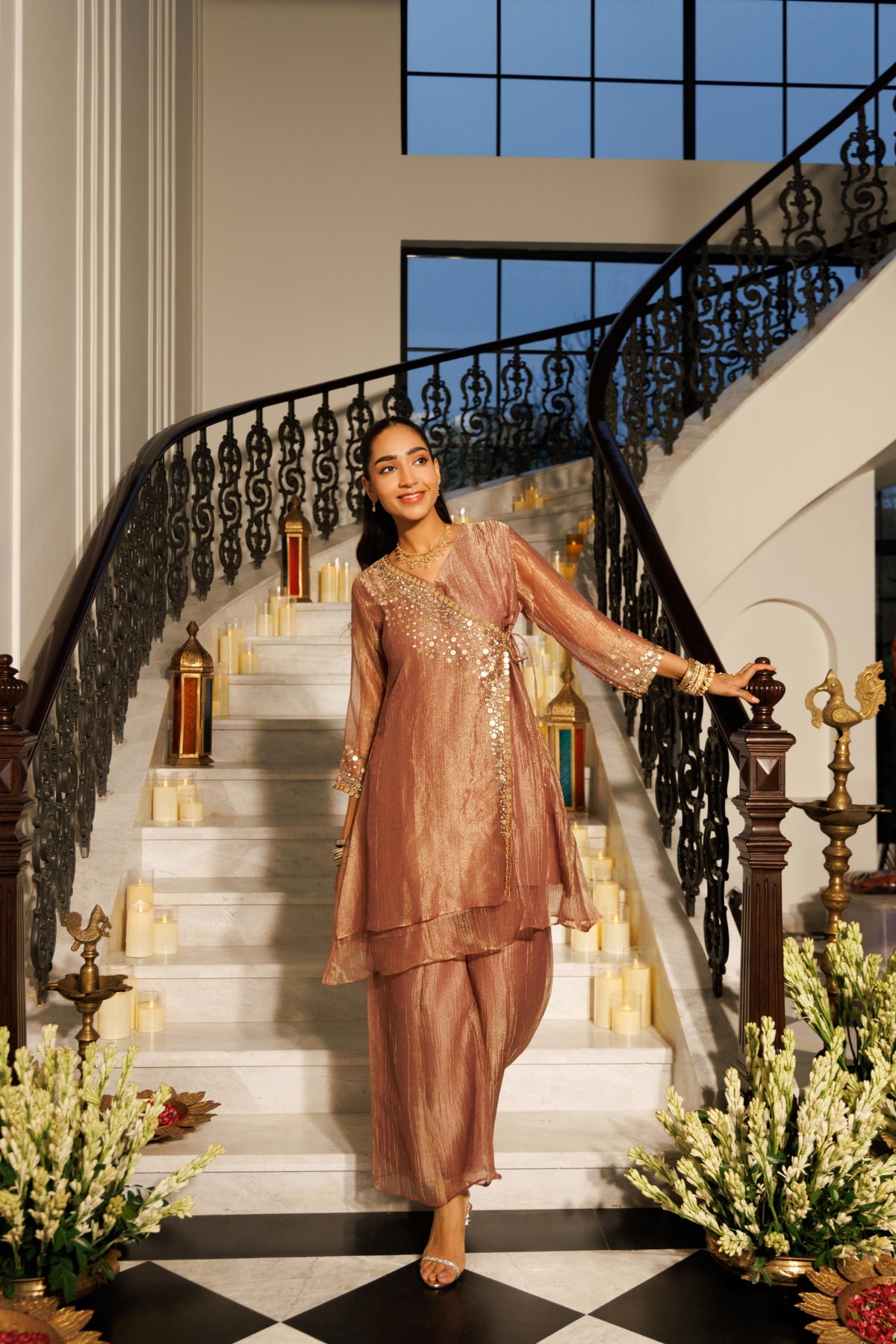 Metallic Bronze Embellished Shimmer Silk Co-Ord Set