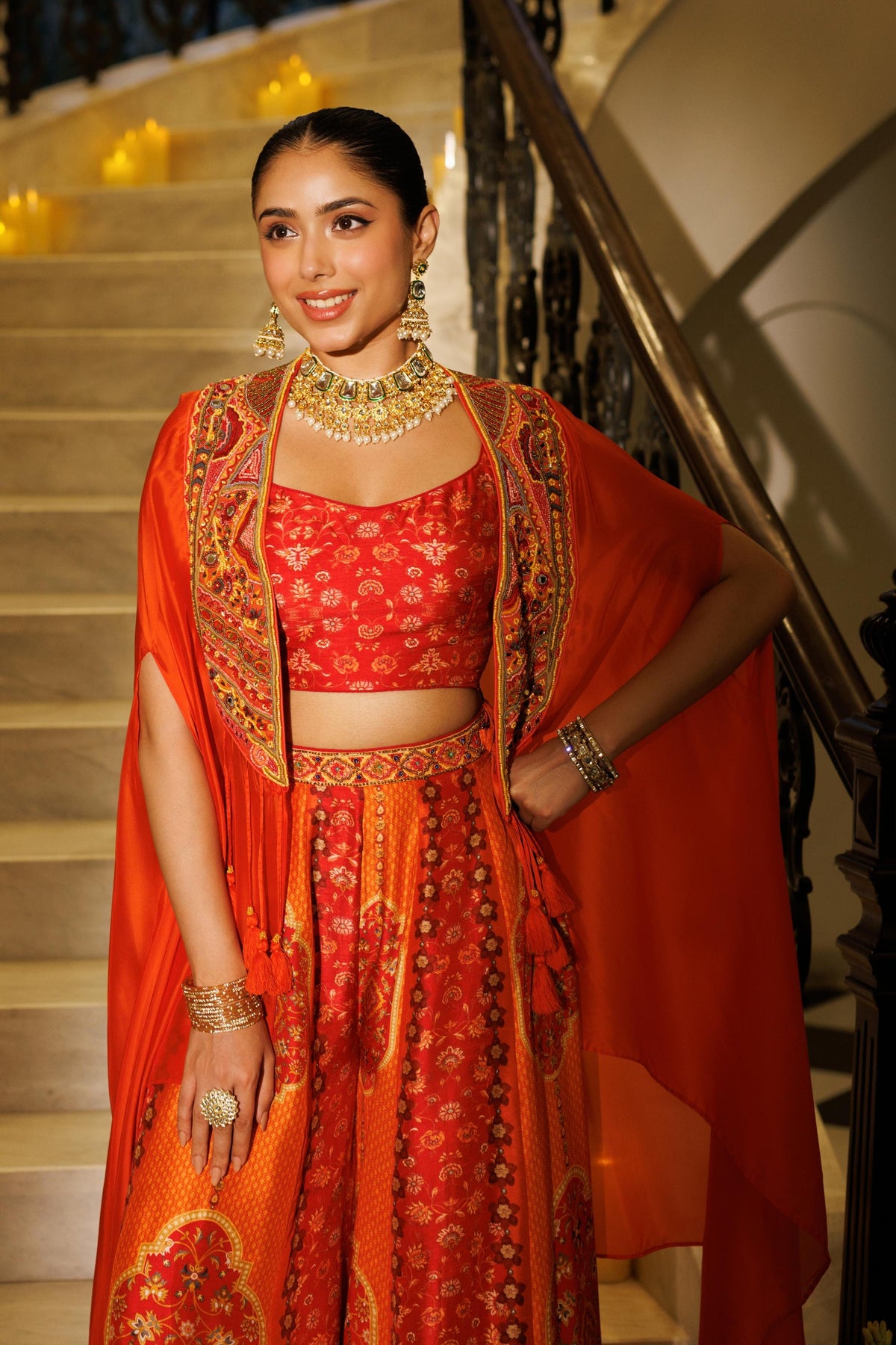 Sunset Orange Embellished Organza Silk Palazzo Set