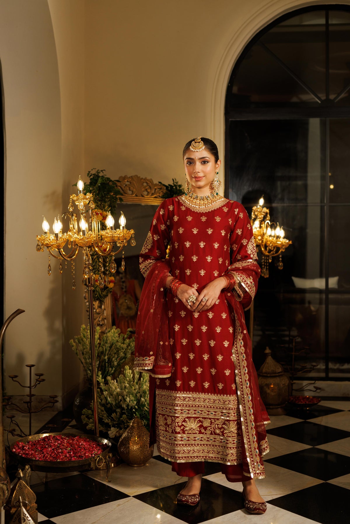 Deep Red Embellished Shimmer Silk Pant Set