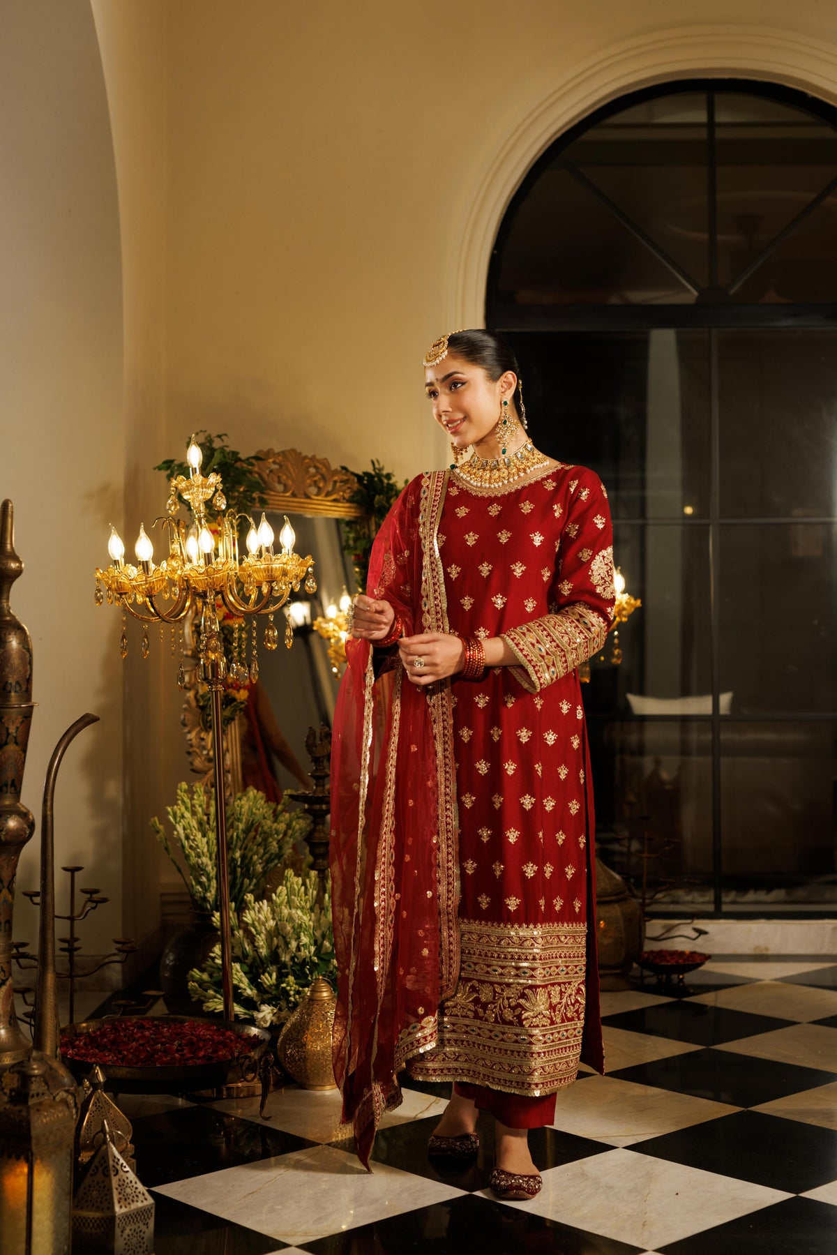Deep Red Embellished Shimmer Silk Pant Set