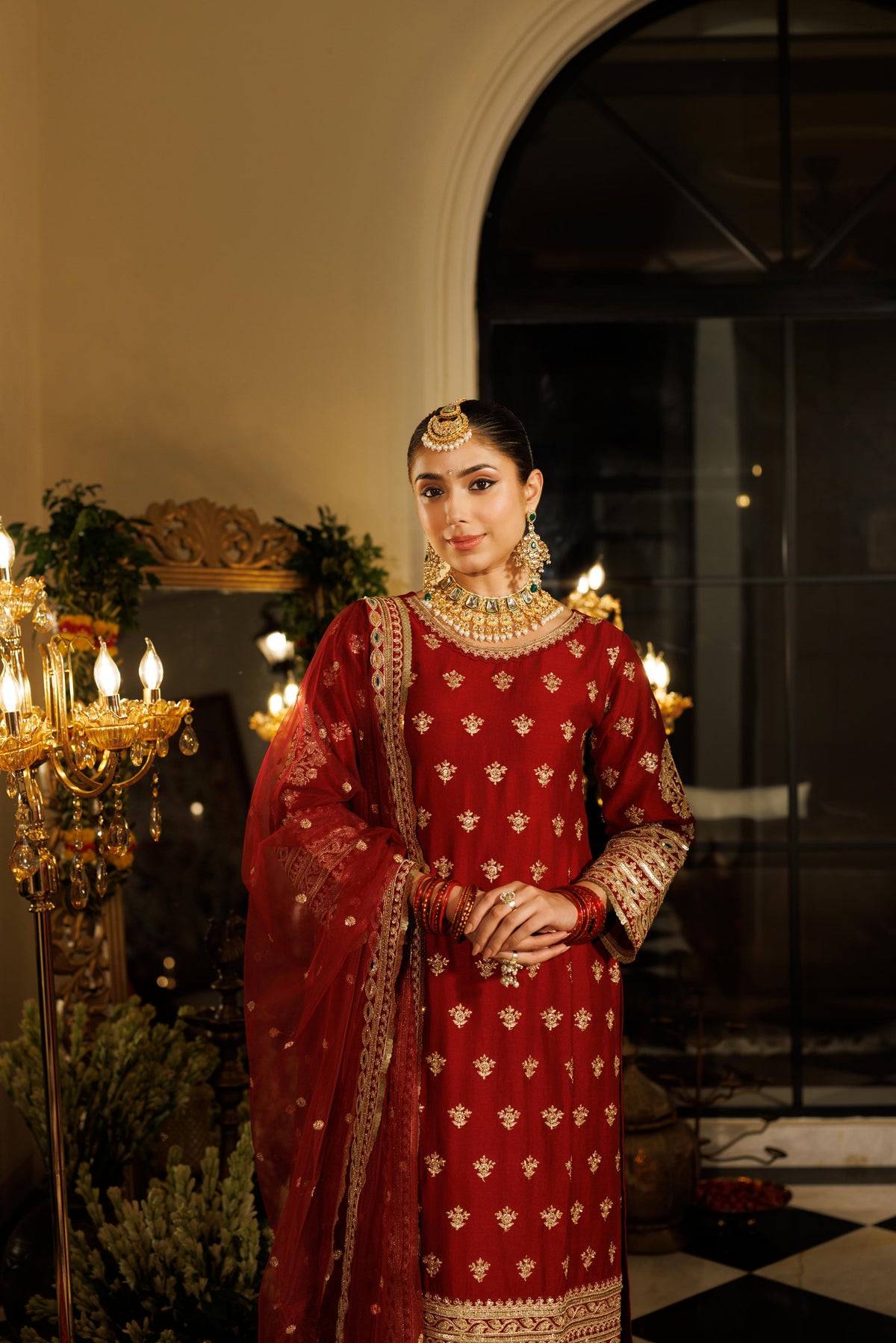 Deep Red Embellished Shimmer Silk Pant Set