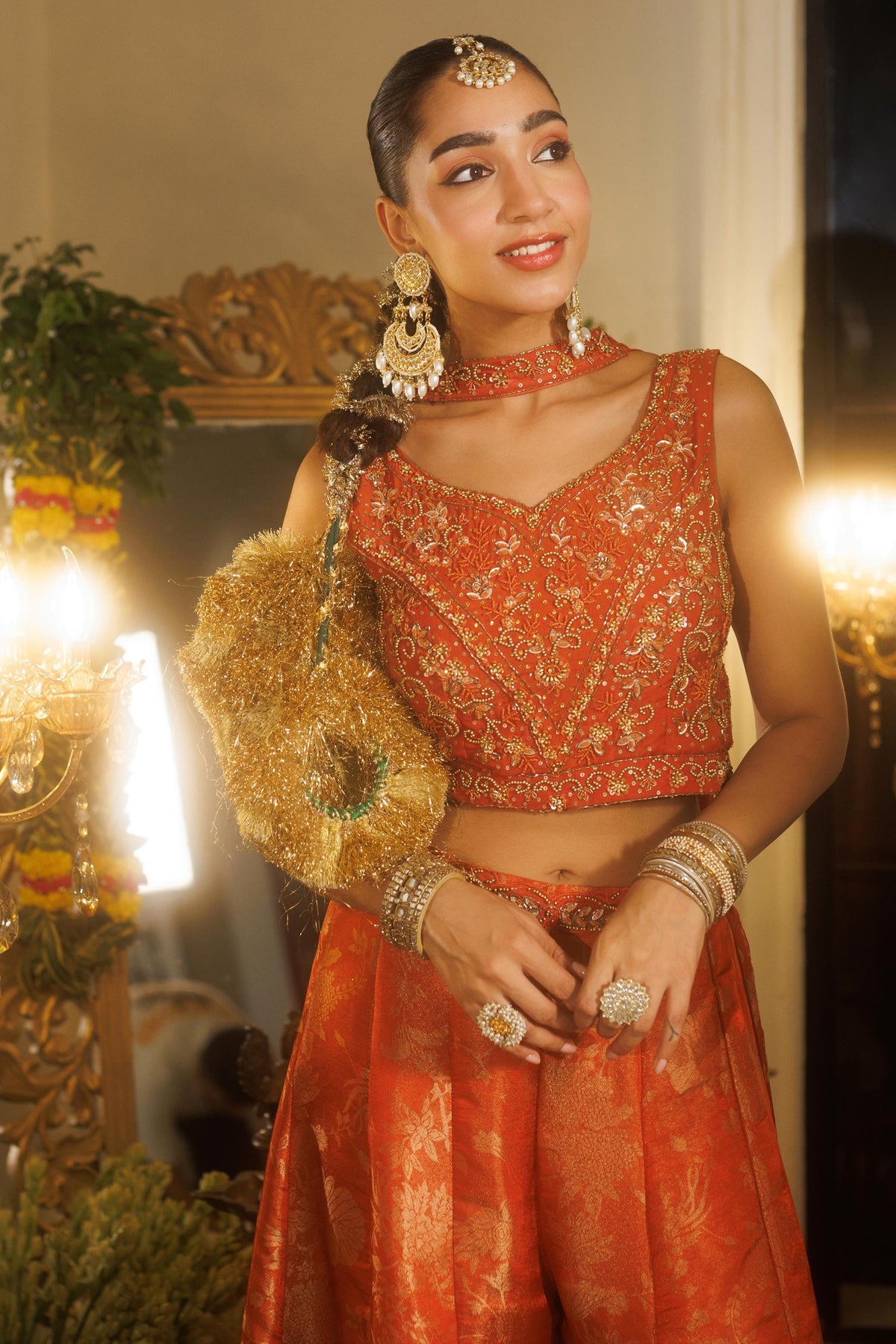 Rich Rust Orange Embellished Tissue Silk Palazzo Set
